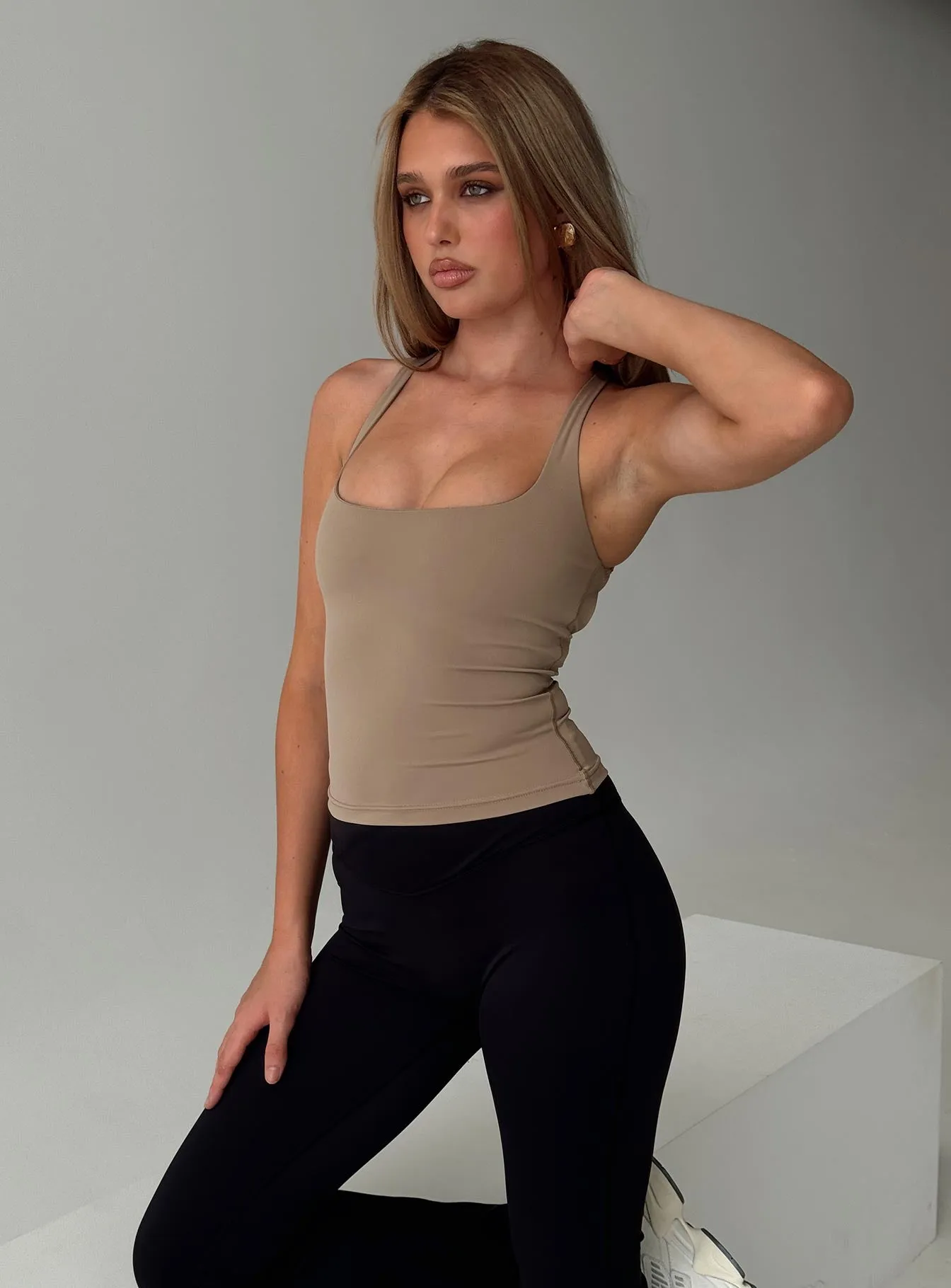 Layup Active Longline Cross Back Top Taupe sold by Princess Polly