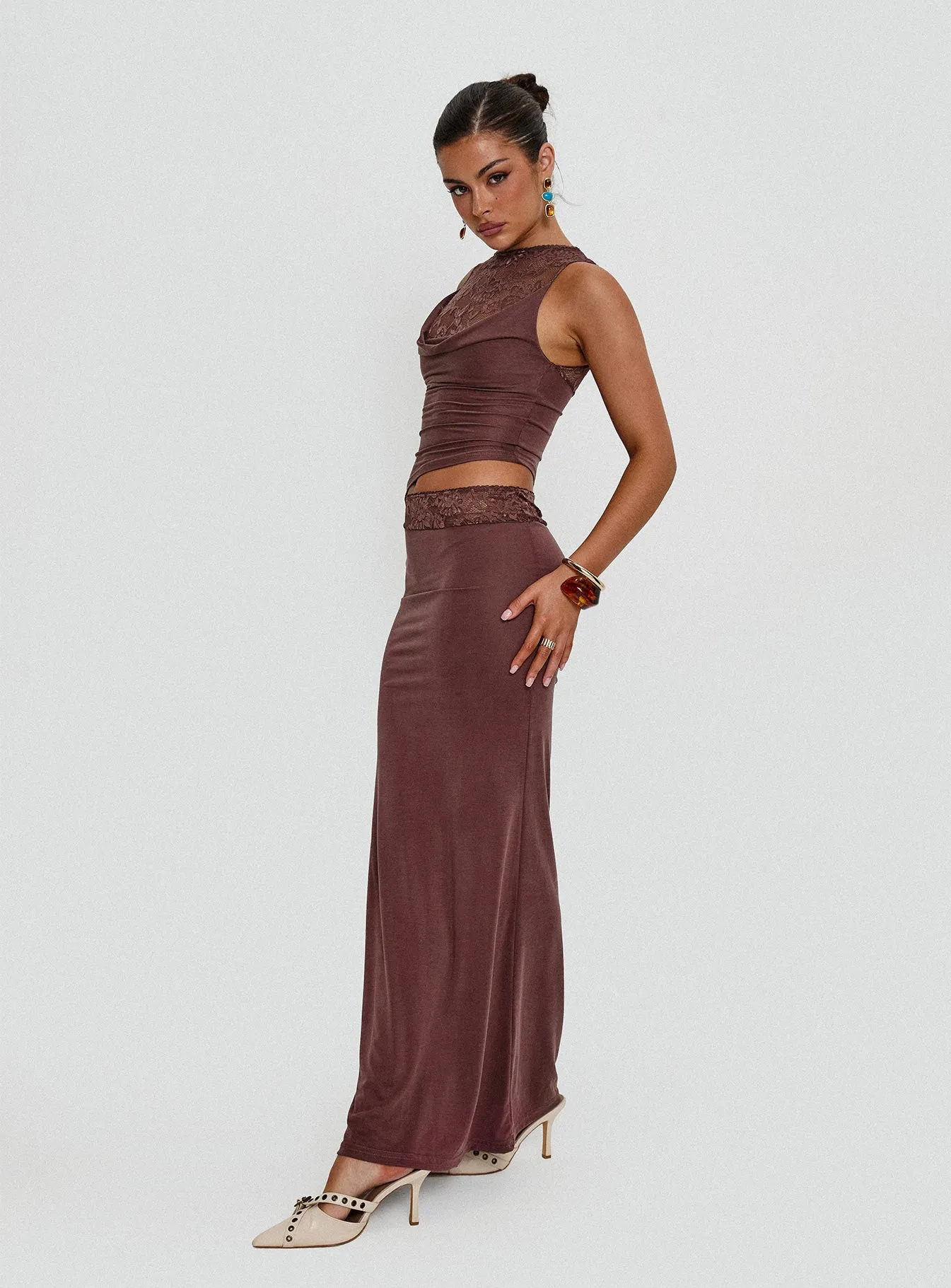 Vesperine Lace Maxi Dress Cocoa Brown sold by Princess Polly