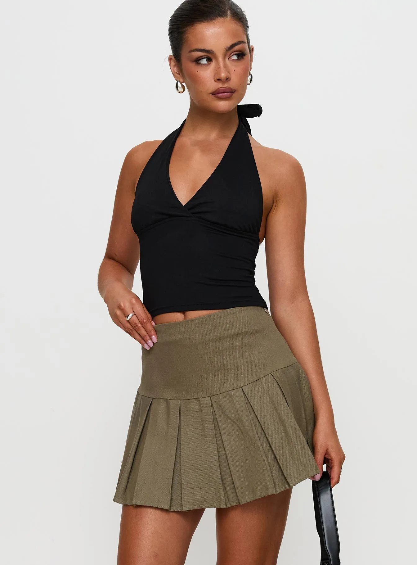 Feodora Pleat Mini Skirt Khaki sold by Princess Polly