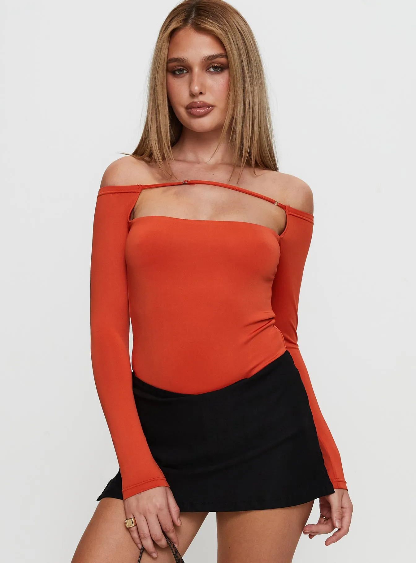 Degree Of Seperation Buckle Detail Long Sleeve Bodysuit Orange sold by Princess Polly
