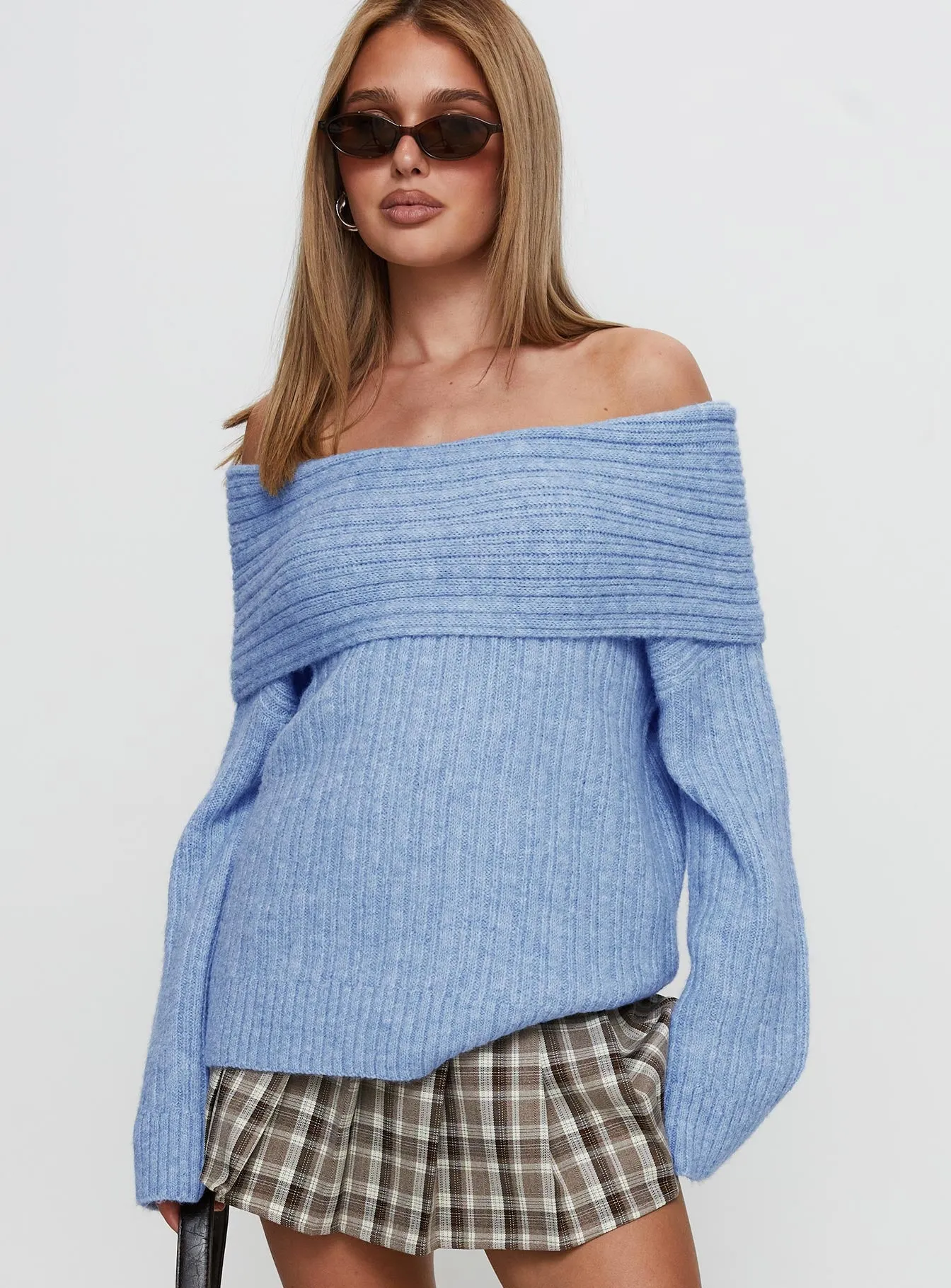 Snowie Off Shoulder Knit Sweater Blue sold by Princess Polly product image thumbnail 2