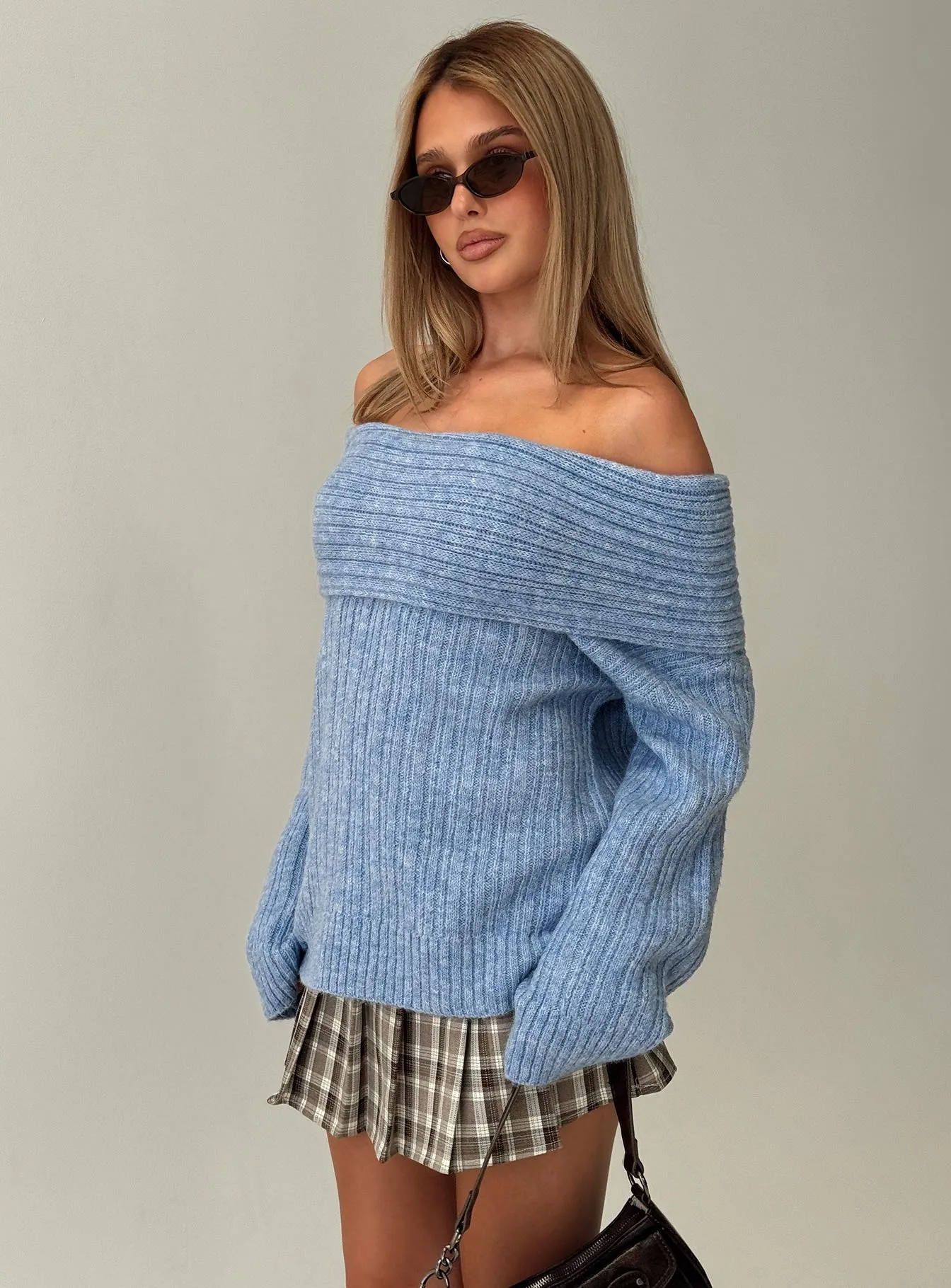 Snowie Off Shoulder Knit Sweater Blue sold by Princess Polly