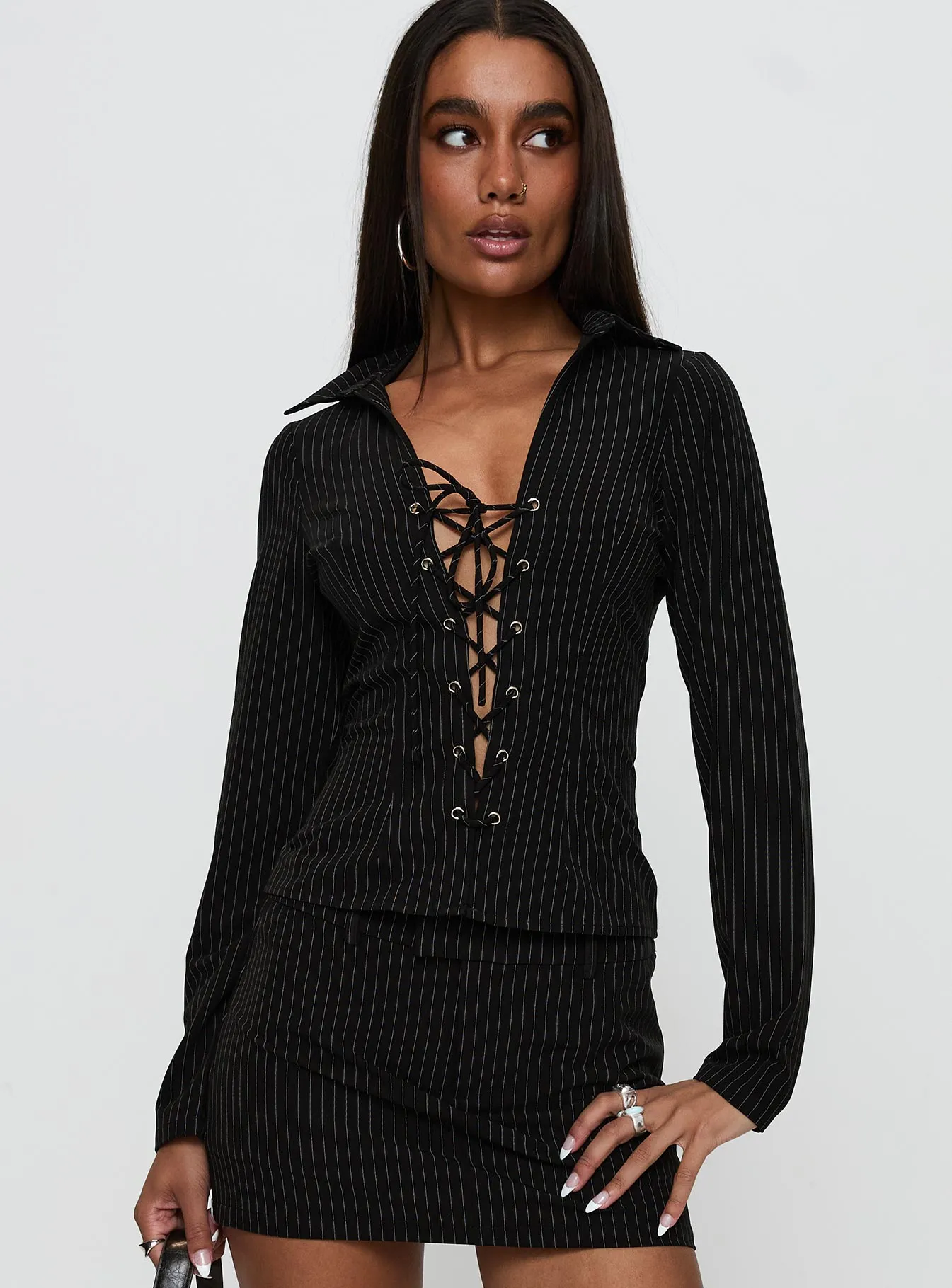 Feminique Tie Up Long Sleeve Top Black Stripe sold by Princess Polly product image thumbnail 2