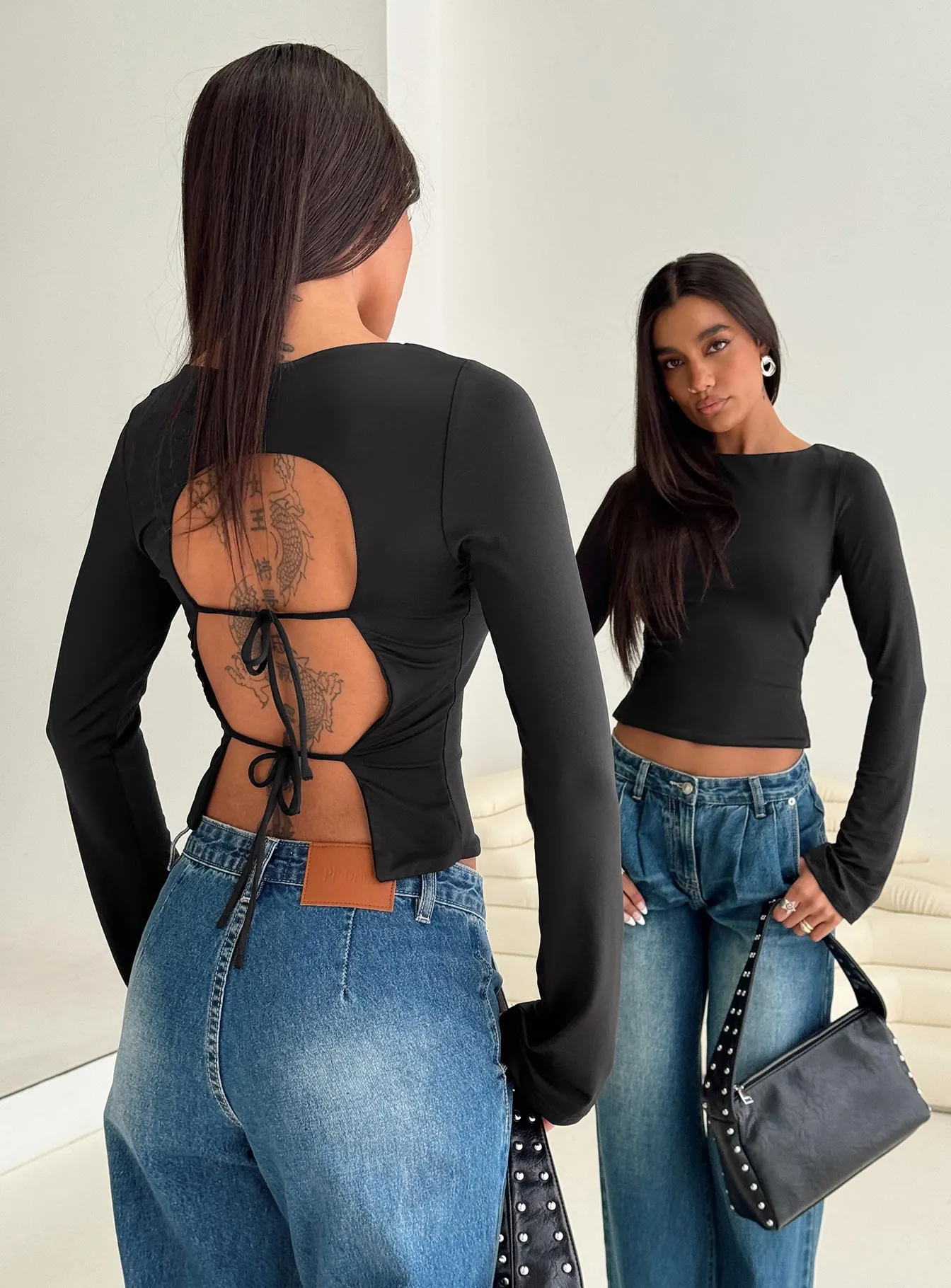 Lifes Good Long Sleeve Backless Top Black sold by Princess Polly
