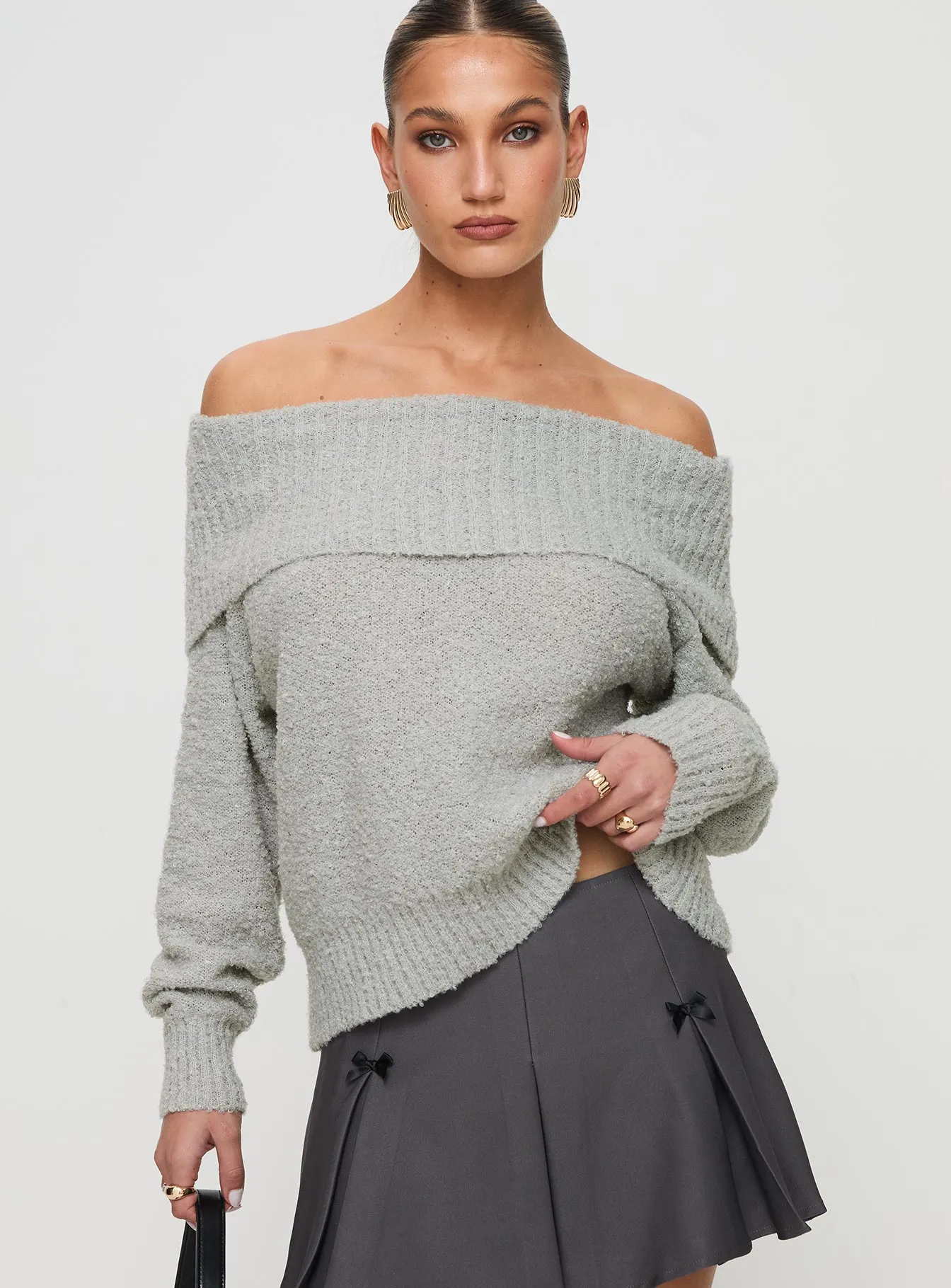 Parkley Boucle Off The Shoulder Sweater Grey Marle sold by Princess Polly product image thumbnail 2
