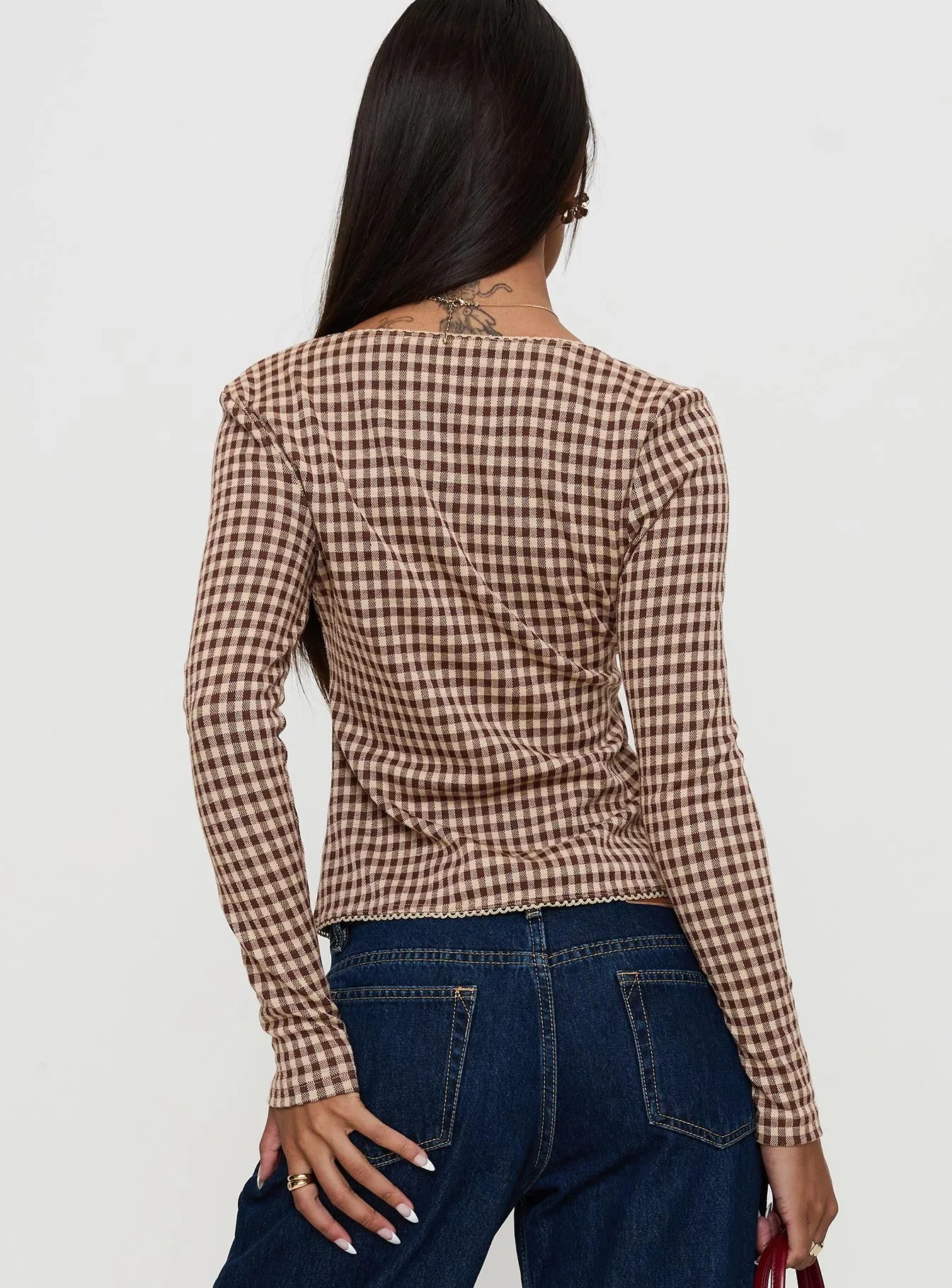 Maemi Long Sleeve Tie Up Top Brown Check sold by Princess Polly product image thumbnail 5