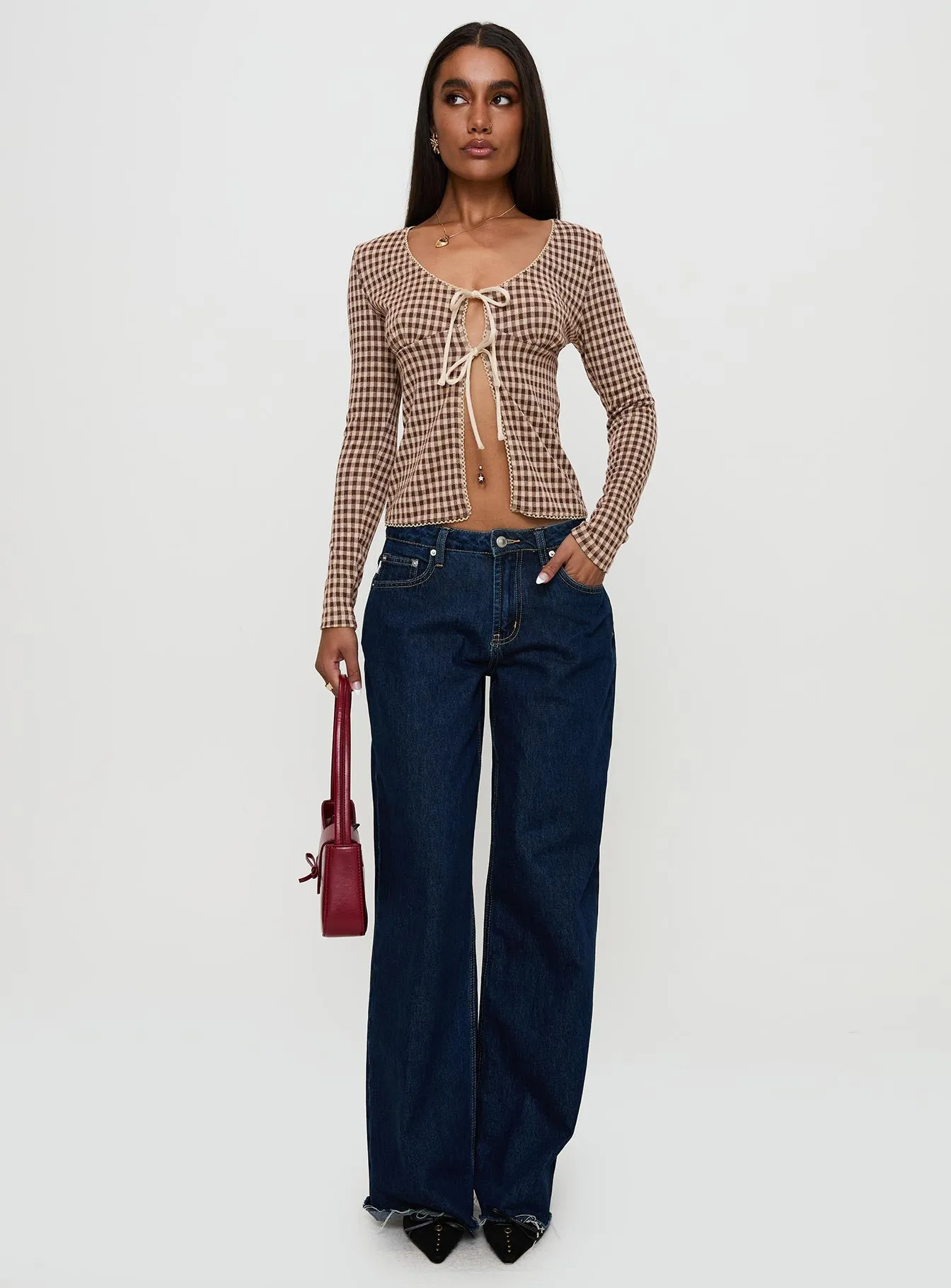 Maemi Long Sleeve Tie Up Top Brown Check sold by Princess Polly product image thumbnail 3