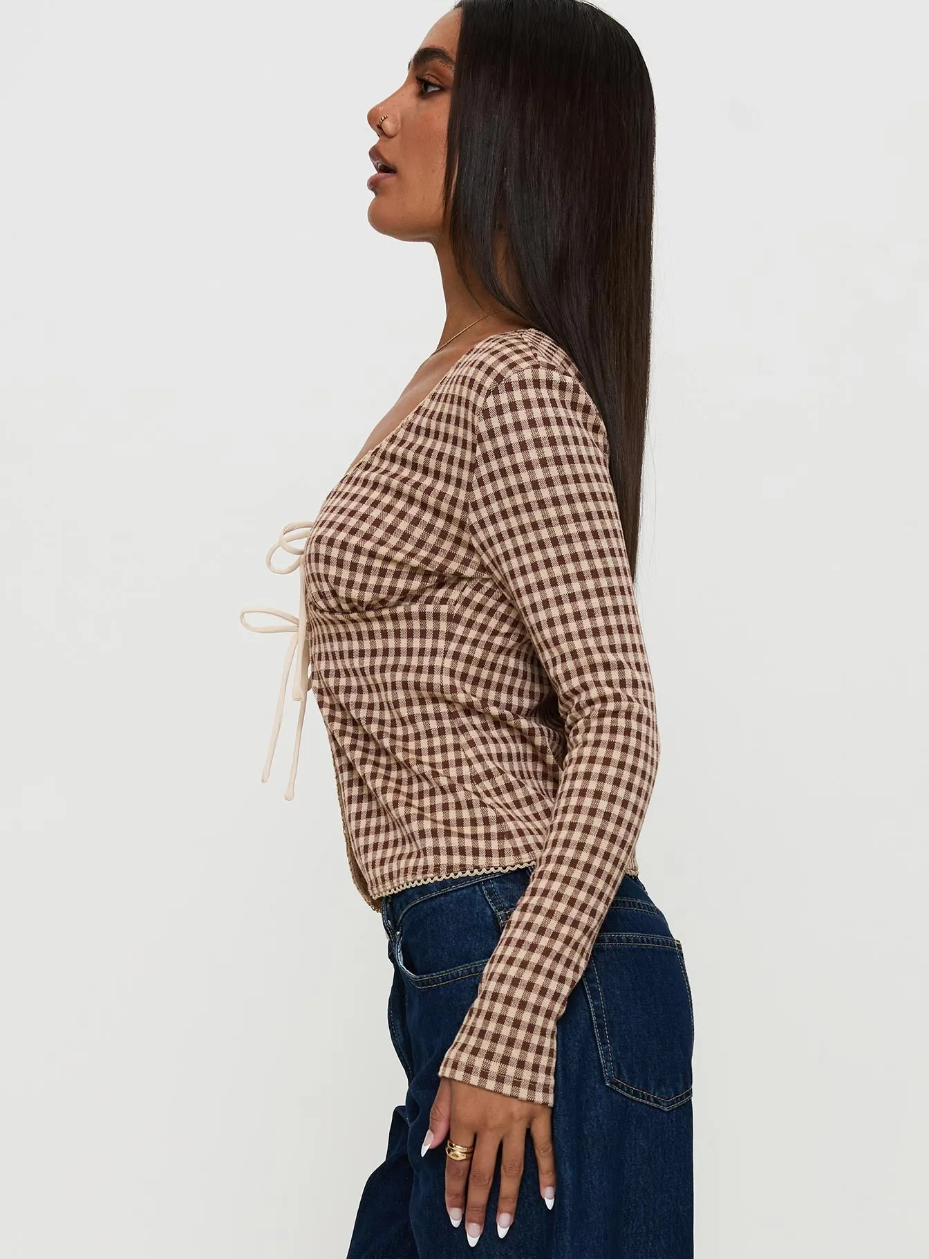Maemi Long Sleeve Tie Up Top Brown Check sold by Princess Polly product image thumbnail 4