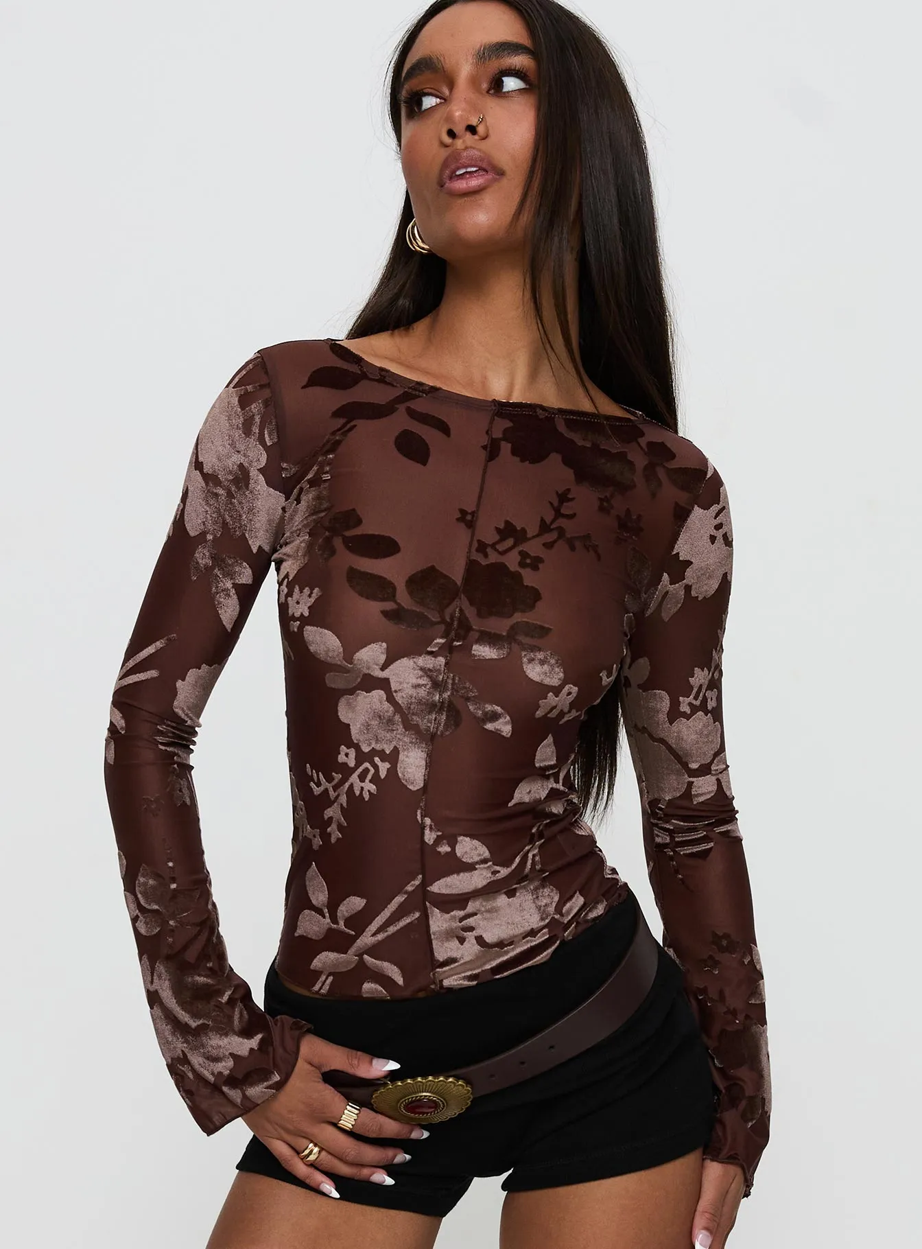 Meant To Be Mesh Long Sleeve Top Brown Floral sold by Princess Polly product image thumbnail 2
