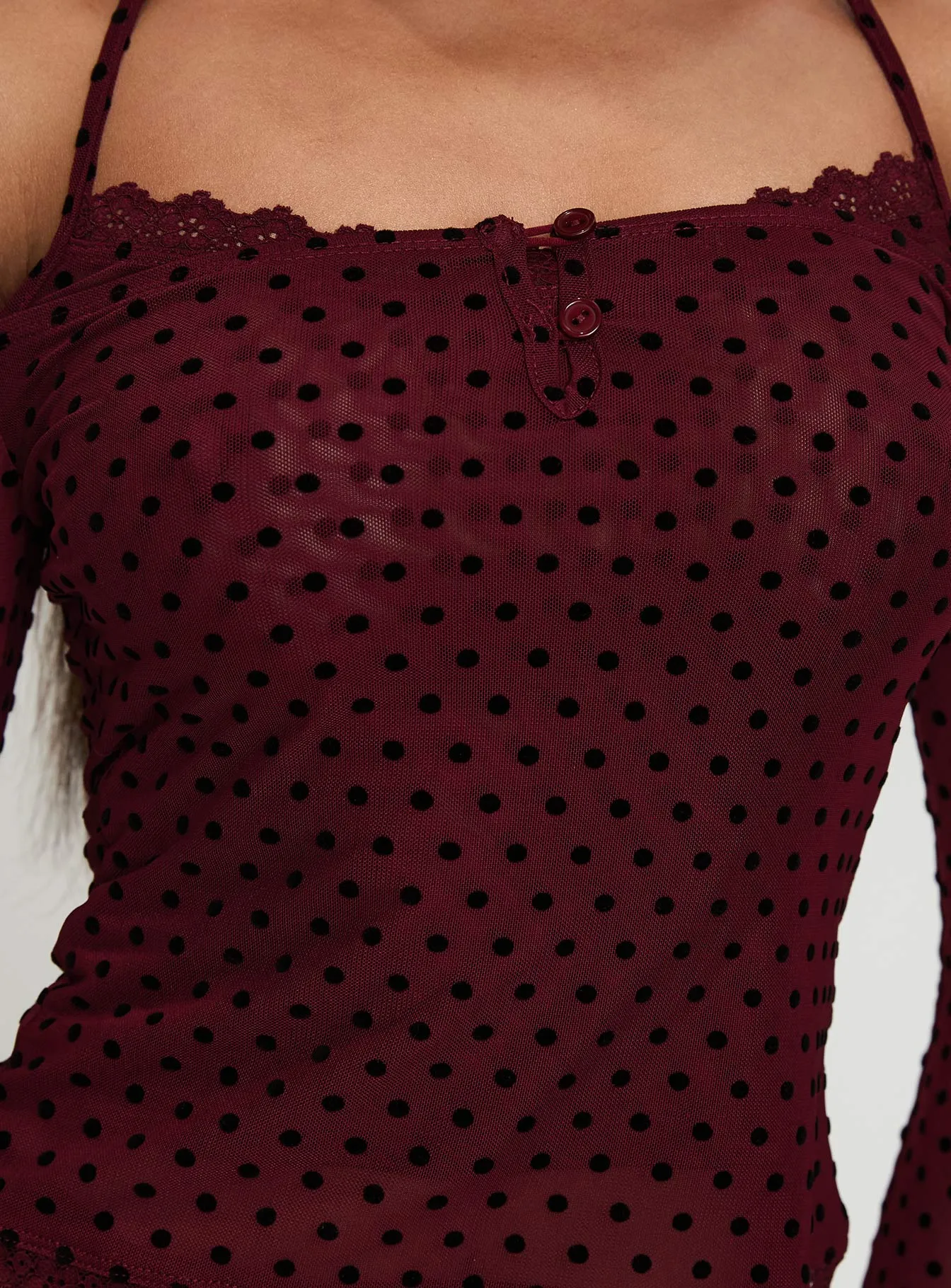 On My Side Off Shoulder Tie Neck Top Burgundy sold by Princess Polly product image thumbnail 5