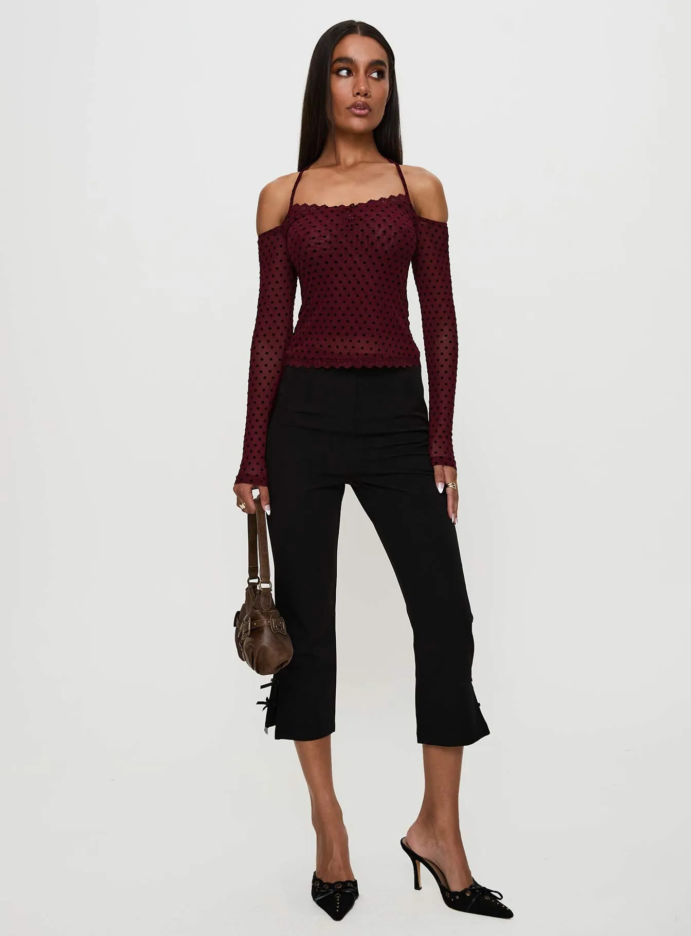 On My Side Off Shoulder Tie Neck Top Burgundy sold by Princess Polly product image thumbnail 2