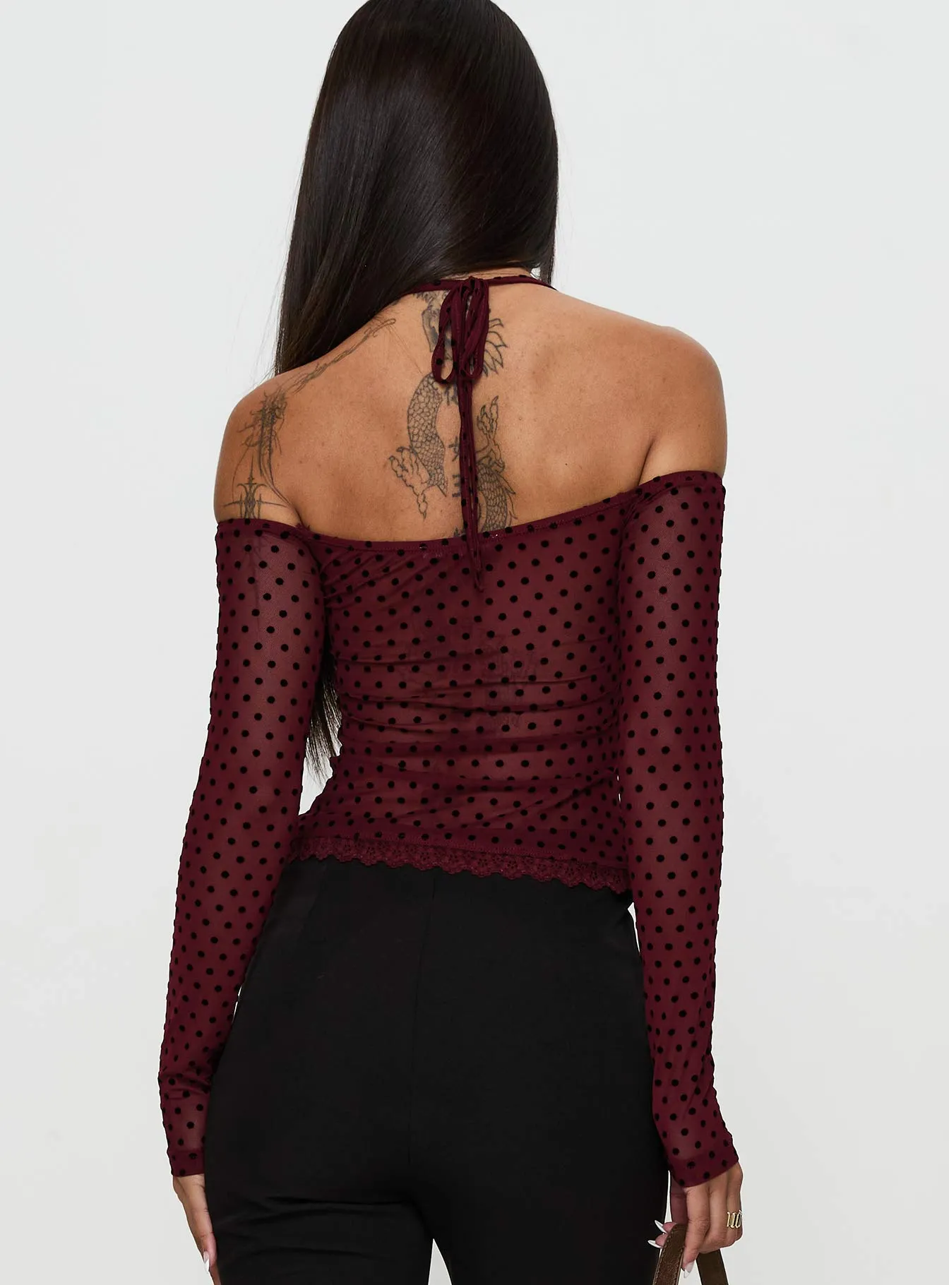 On My Side Off Shoulder Tie Neck Top Burgundy sold by Princess Polly product image thumbnail 4