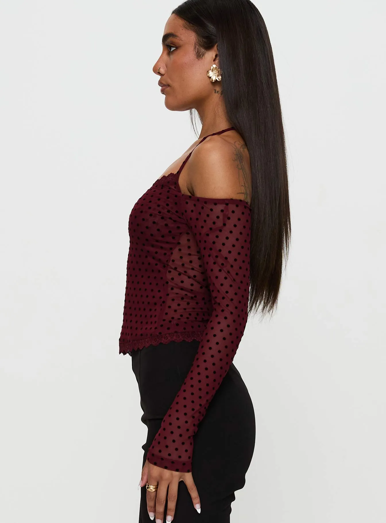 On My Side Off Shoulder Tie Neck Top Burgundy sold by Princess Polly product image thumbnail 3