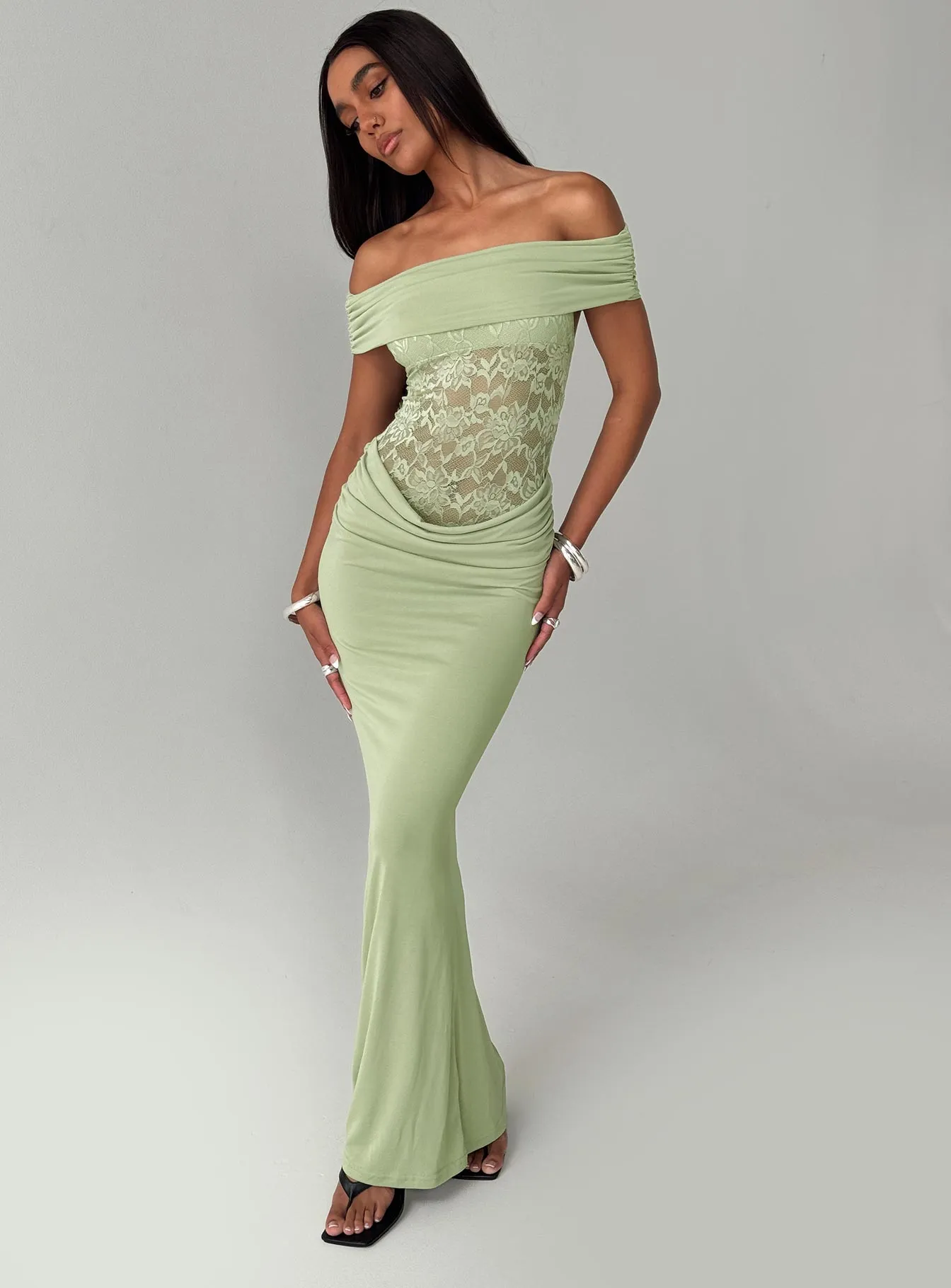 Gwendolen Off The Shoulder Maxi Dress Green sold by Princess Polly
