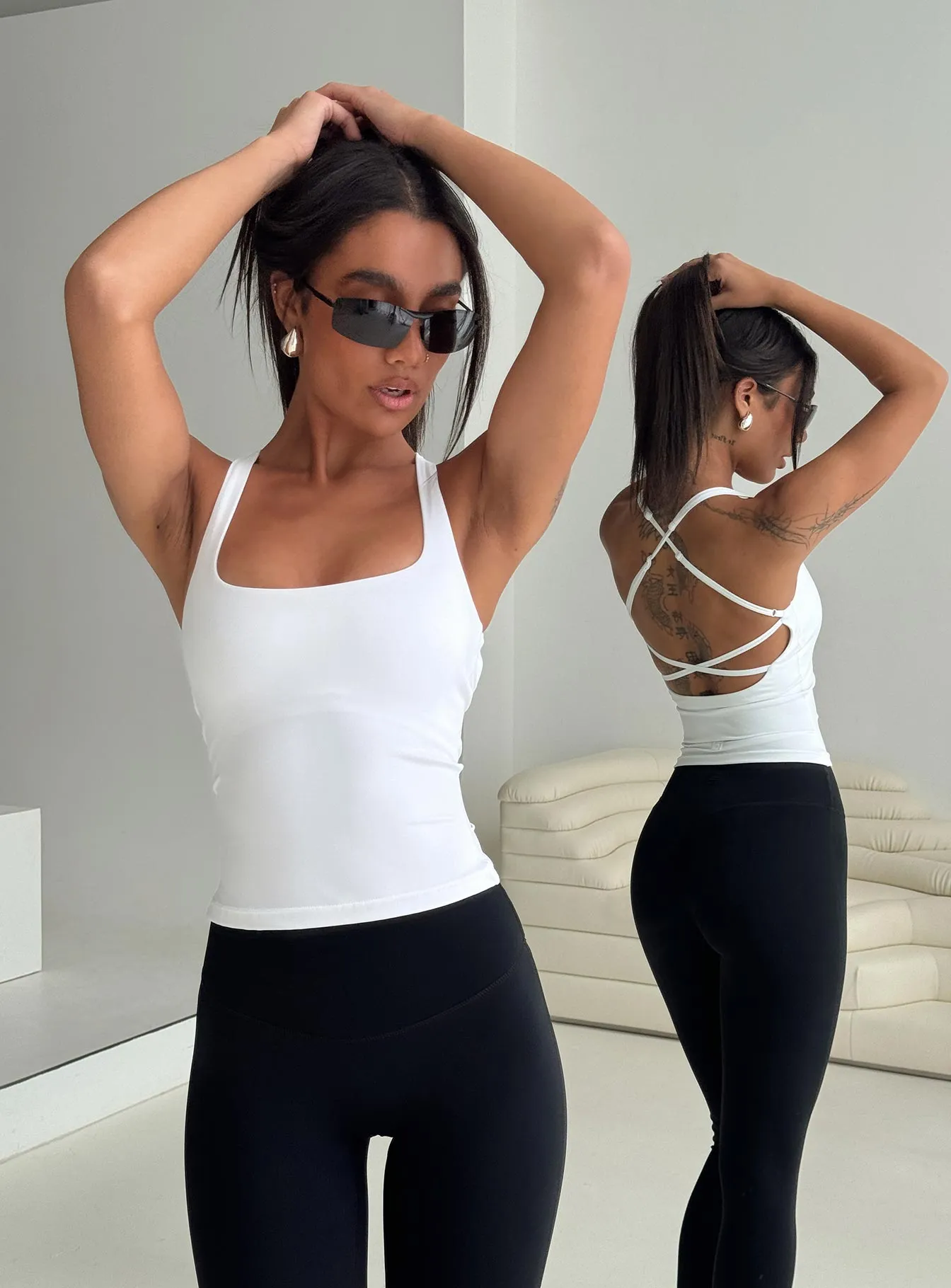 Layup Active Longline Cross Back Top White sold by Princess Polly