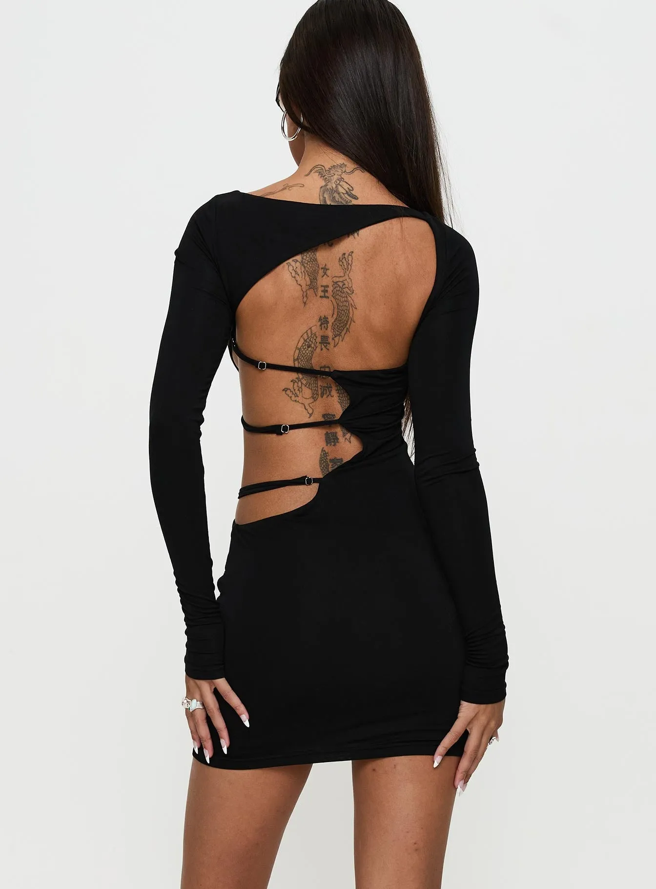 Rowin Long Sleeve Cut Out Mini Dress Black sold by Princess Polly product image thumbnail 5