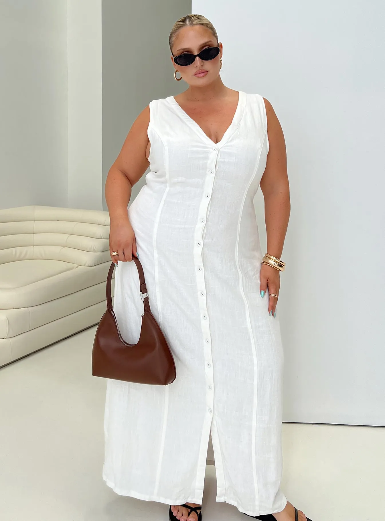 Summer Season Linen Blend Maxi Dress White Curve sold by Princess Polly