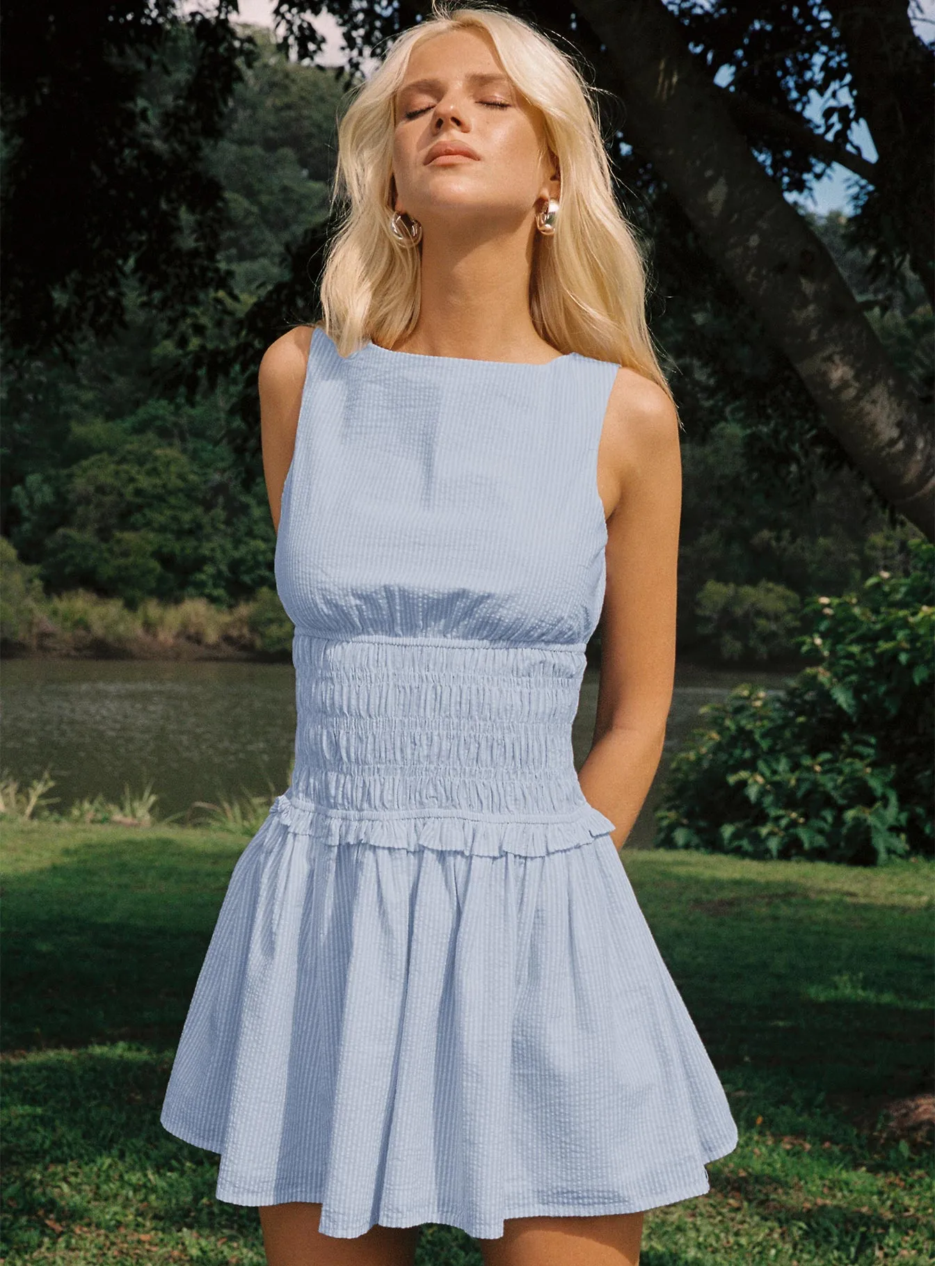 Yennifer Shirred Mini Dress Blue / White sold by Princess Polly