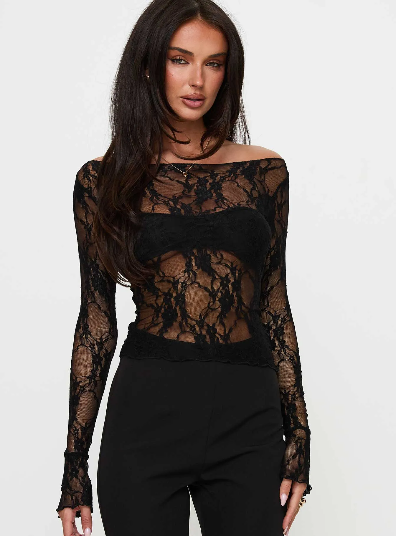 Junah Sheer Lace Long Sleeve Top Black sold by Princess Polly product image thumbnail 2