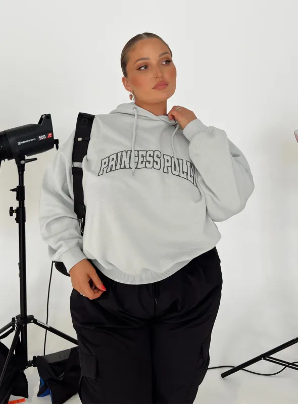 Princess Polly Hooded Sweatshirt Collegiate Text Grey / Green Curve sold by Princess Polly