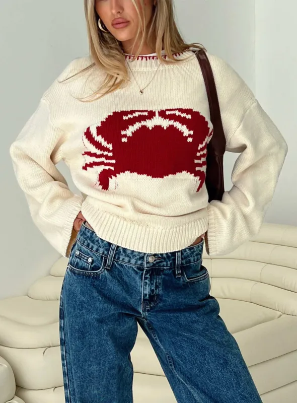 Coastlines Knit Sweater Cream / Red sold by Princess Polly