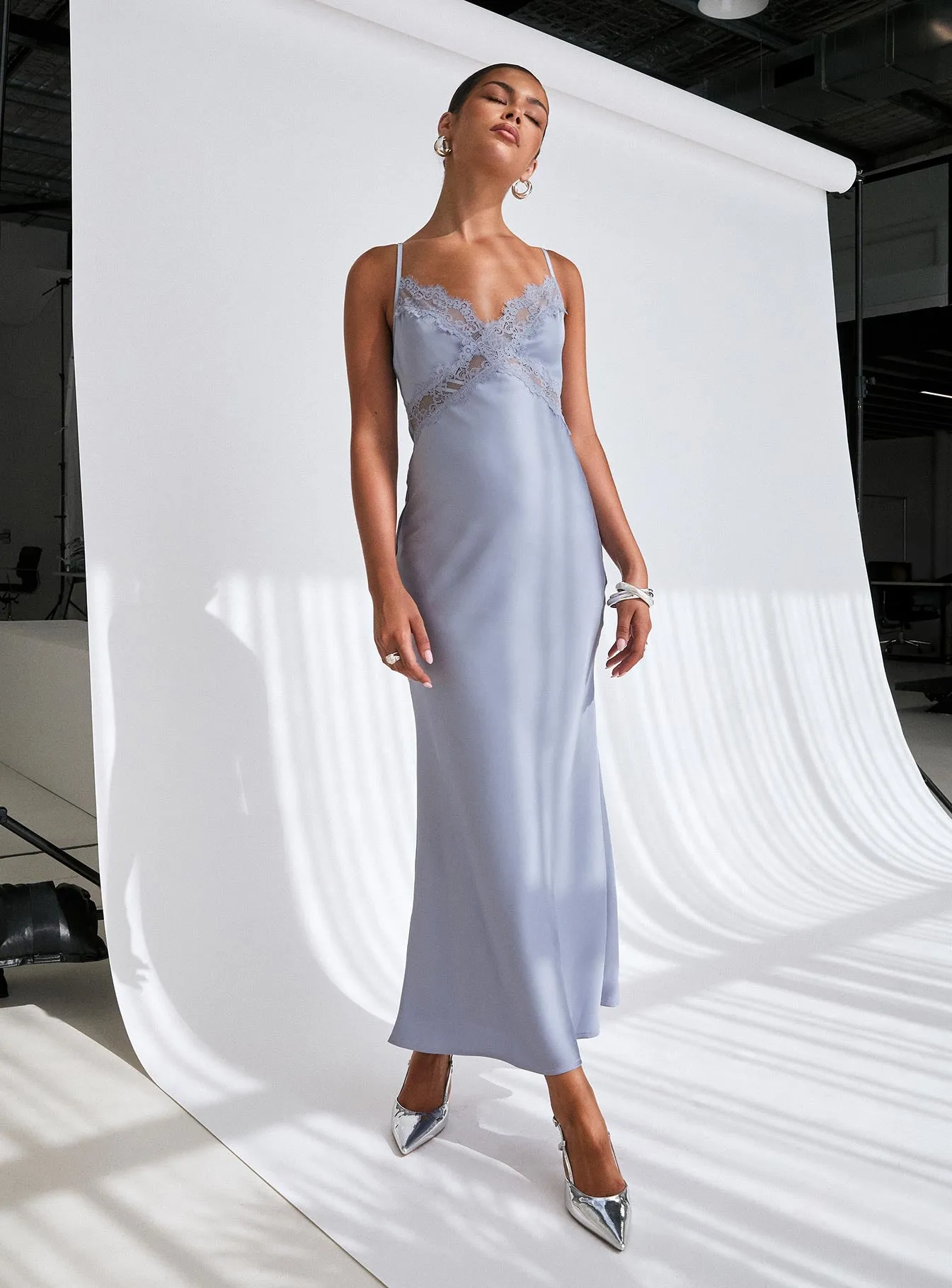 Treasure Bias Cut Maxi Dress Blue sold by Princess Polly
