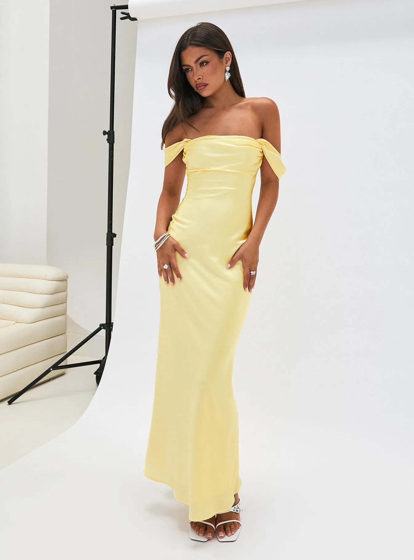Azura Off The Shoulder Maxi Dress Yellow sold by Princess Polly