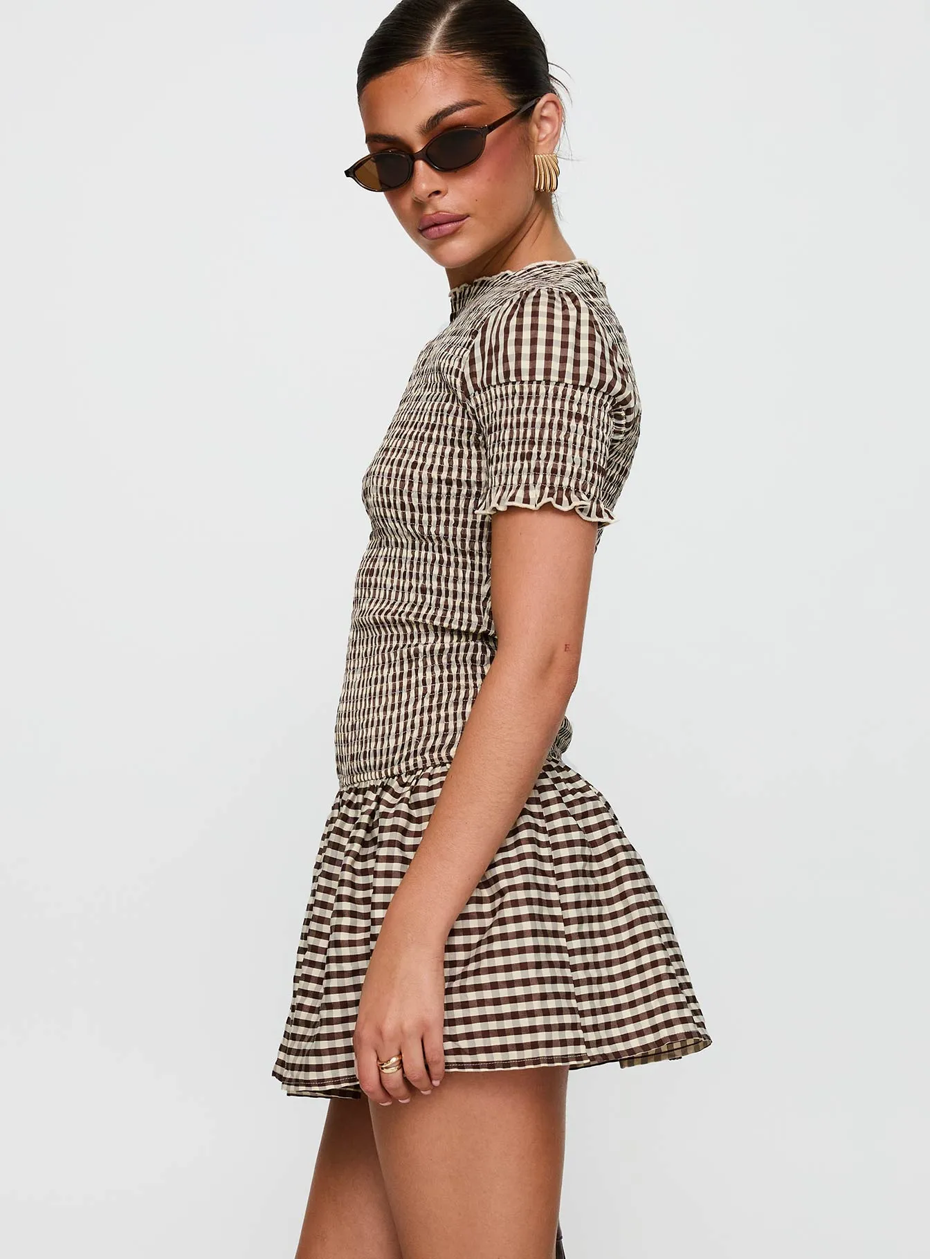 Laurita Shirred Mini Dress Brown Check sold by Princess Polly product image thumbnail 4