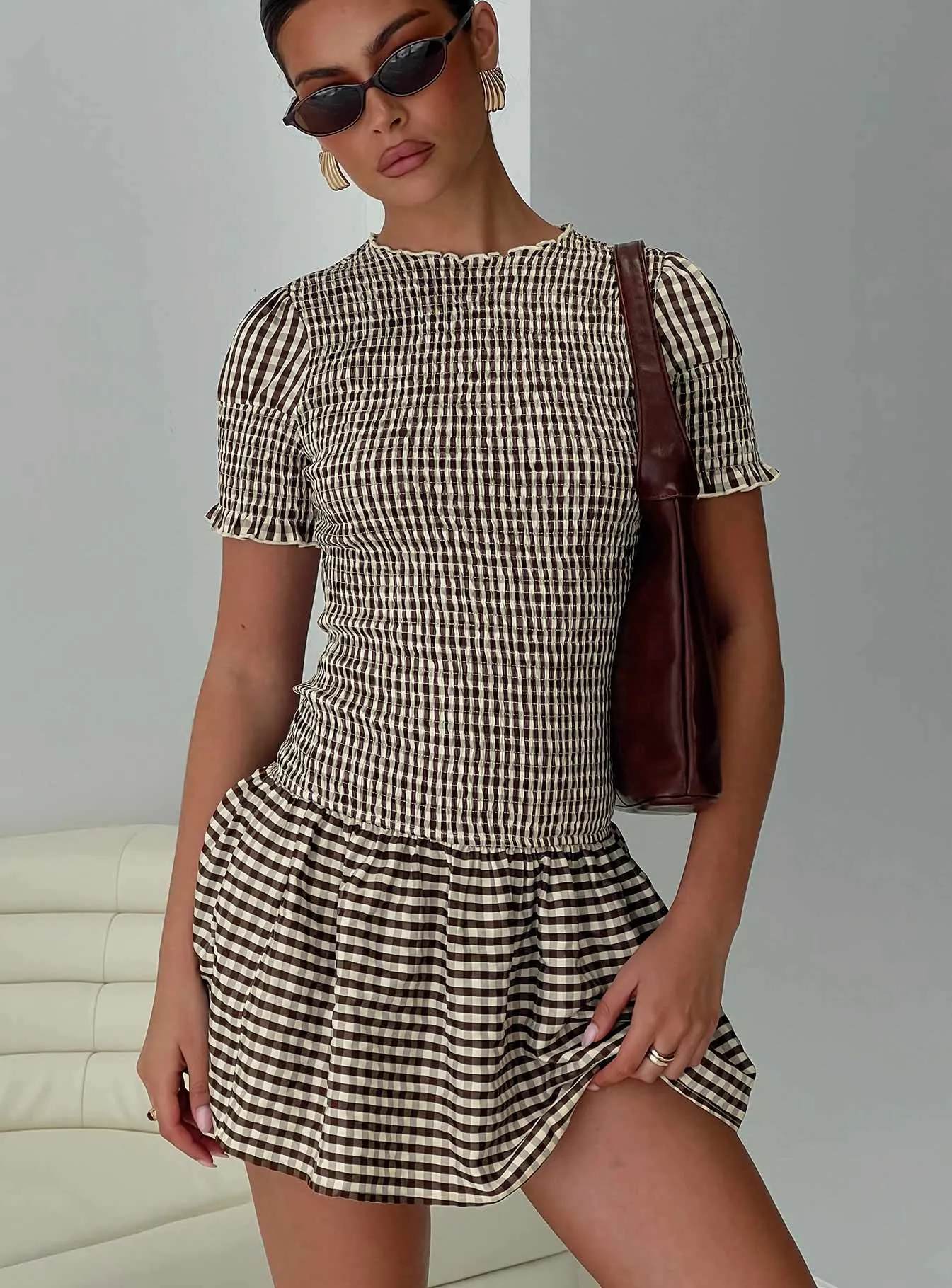 Laurita Shirred Mini Dress Brown Check sold by Princess Polly