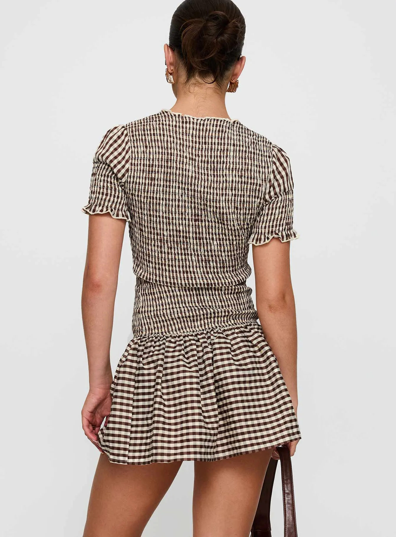 Laurita Shirred Mini Dress Brown Check sold by Princess Polly product image thumbnail 5