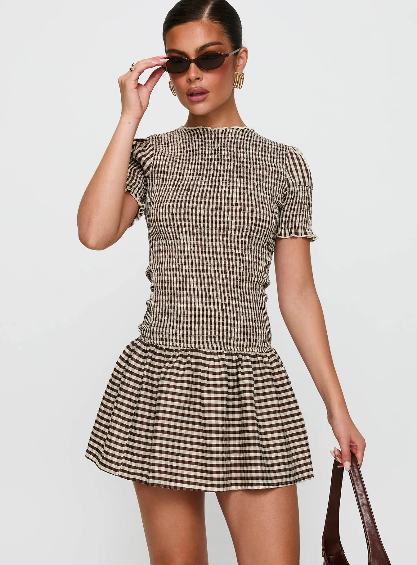 Laurita Shirred Mini Dress Brown Check sold by Princess Polly product image thumbnail 2
