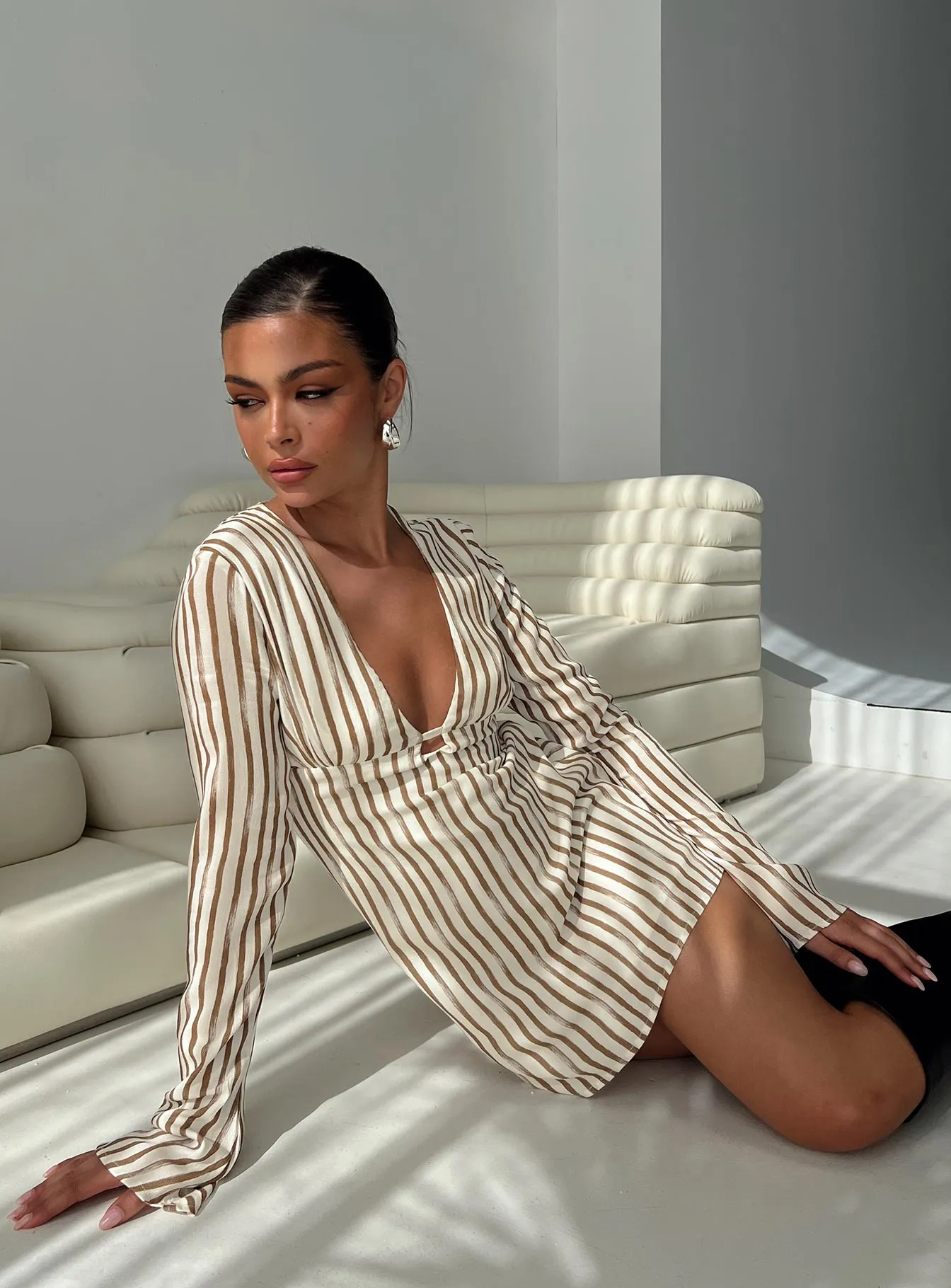 The Good Life Mini Dress Brown / White Stripe sold by Princess Polly