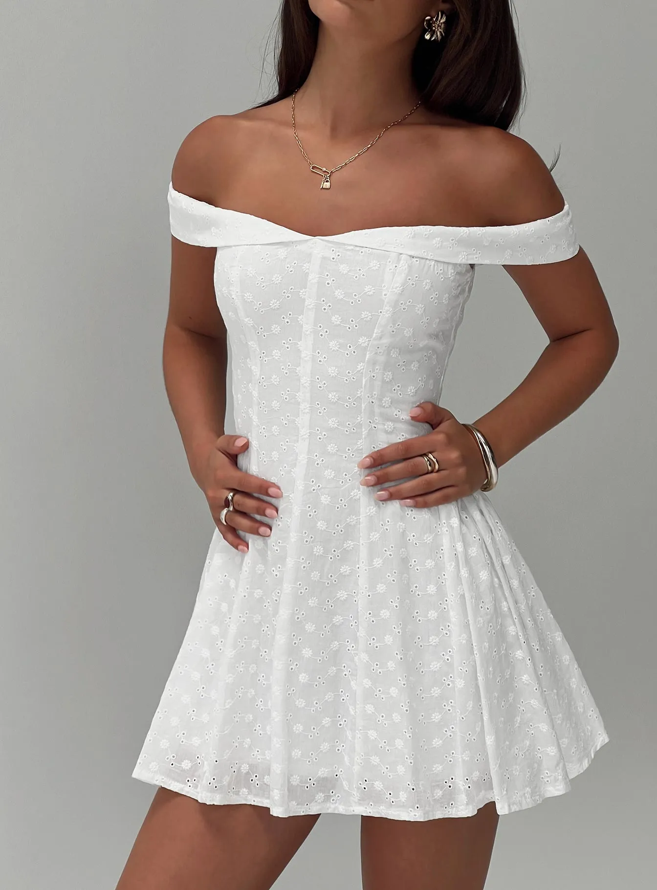 Rosebud Broderie Off The Shoulder Mini Dress White sold by Princess Polly