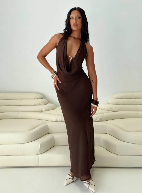 Alejandria Cowl Neck Maxi Dress Chocolate sold by Princess Polly