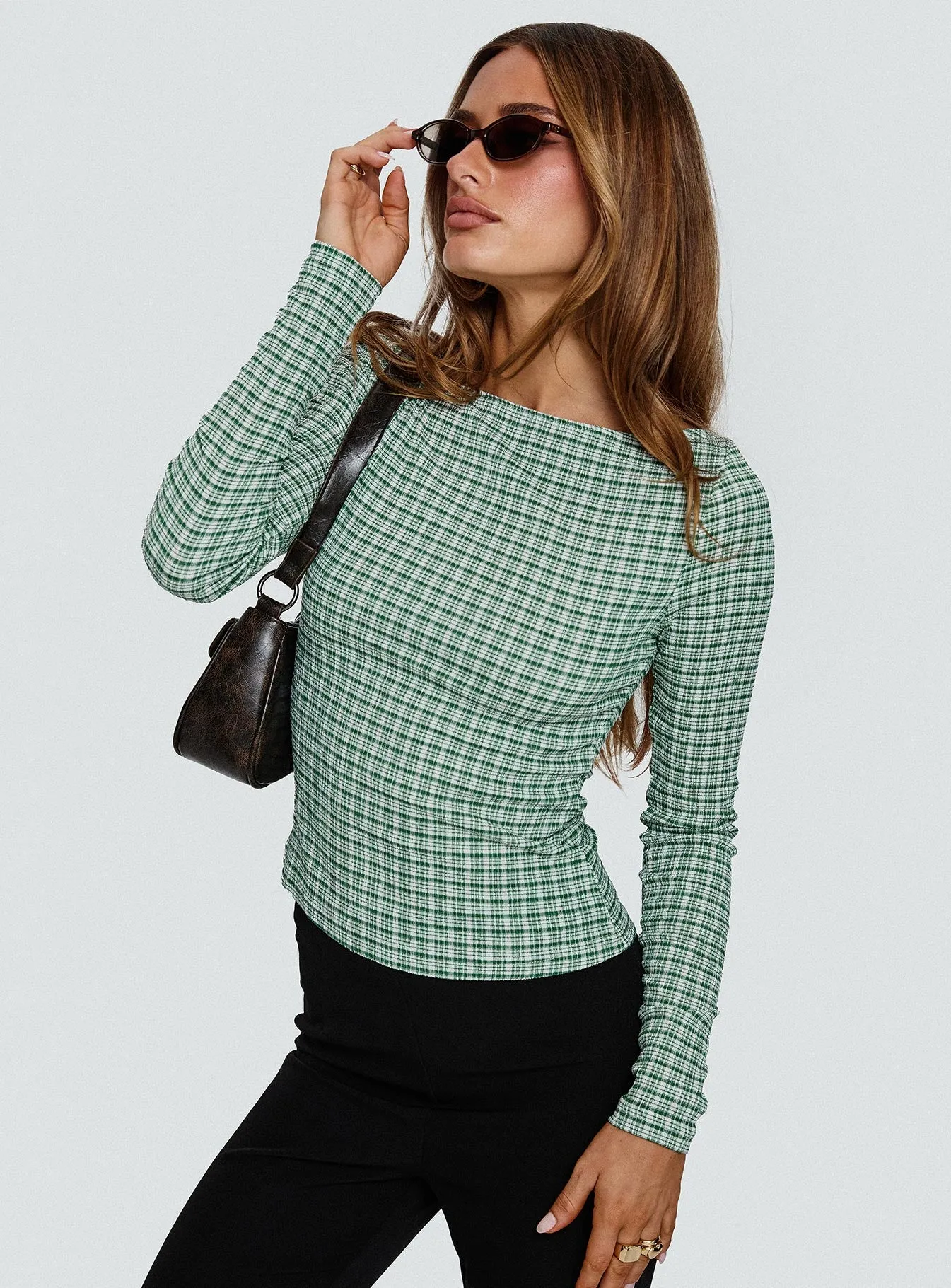 Every Second Boat Neck Long Sleeve Top Green Check sold by Princess Polly