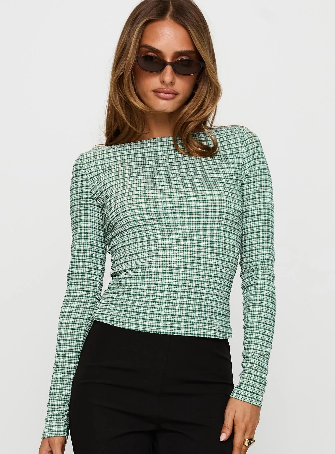 Every Second Boat Neck Long Sleeve Top Green Check sold by Princess Polly product image thumbnail 2