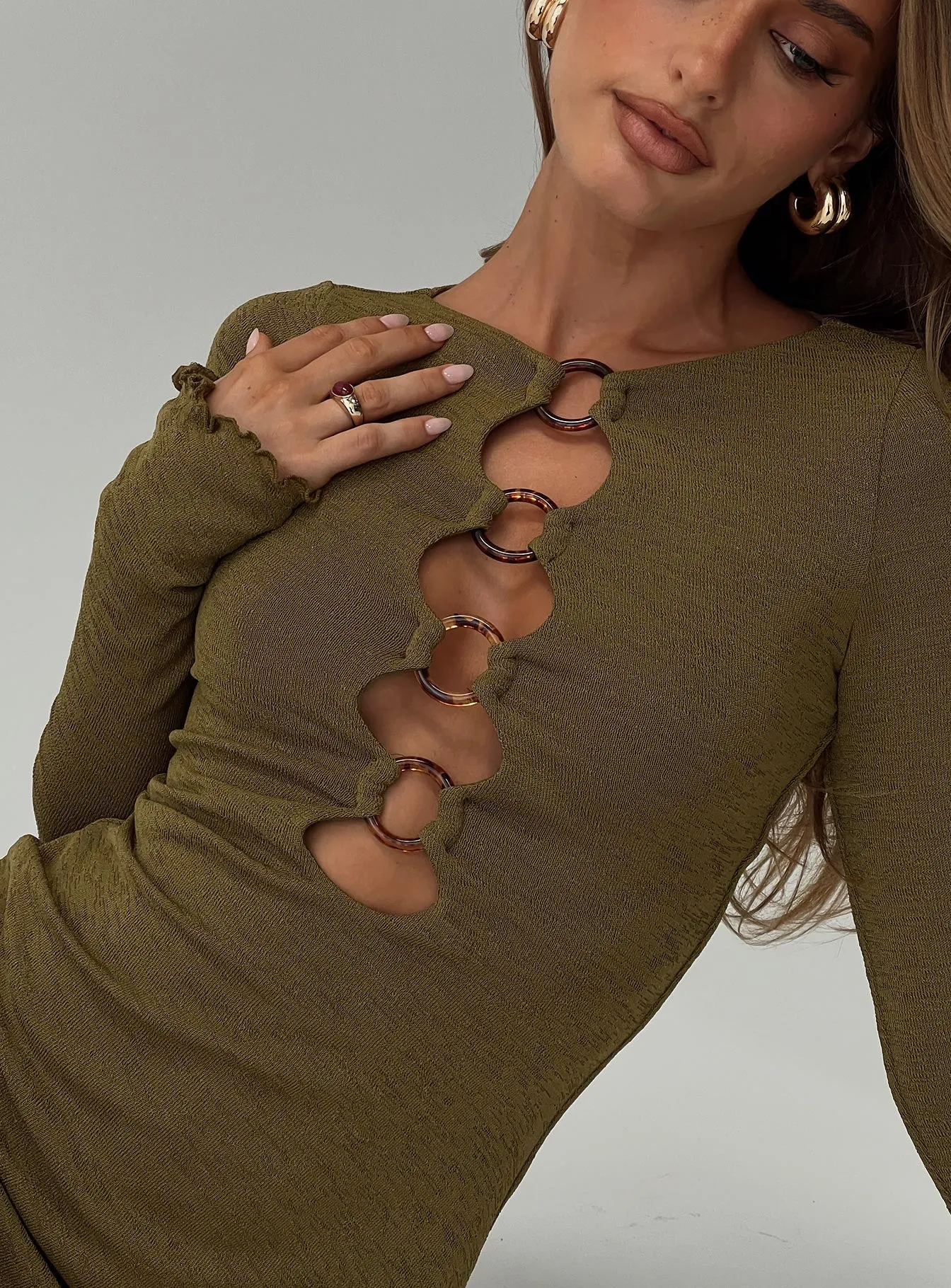 Dejonge Long Sleeve Ring Mini Dress Olive sold by Princess Polly
