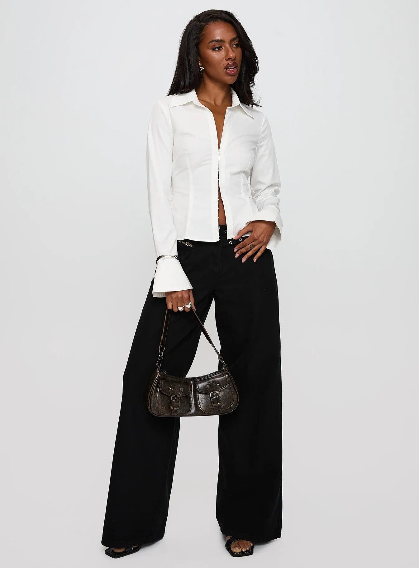 By The Phone Long Sleeve Collared Top White sold by Princess Polly product image thumbnail 3