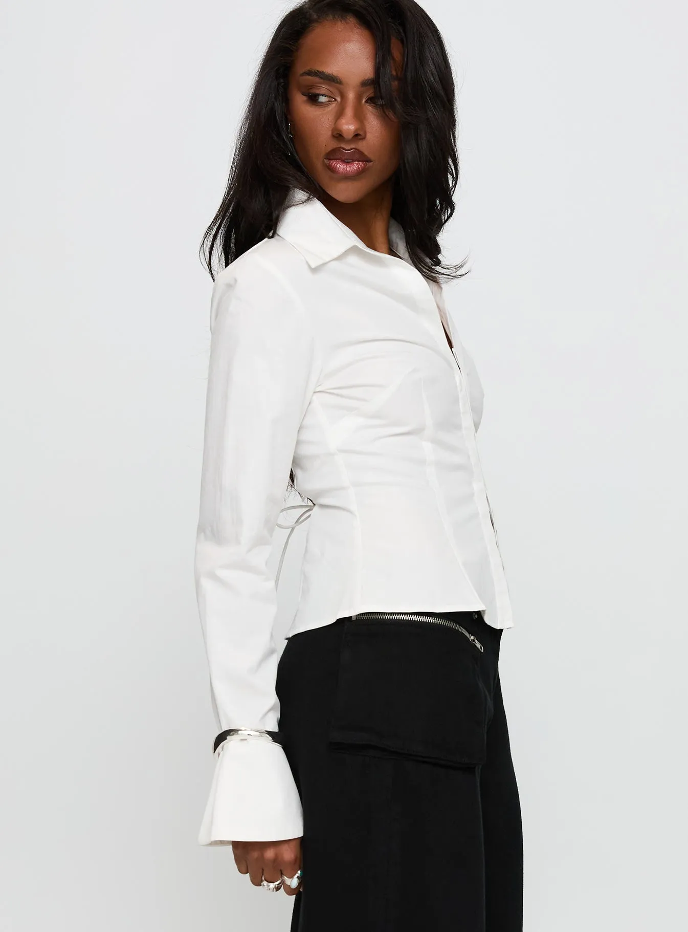 By The Phone Long Sleeve Collared Top White sold by Princess Polly product image thumbnail 4
