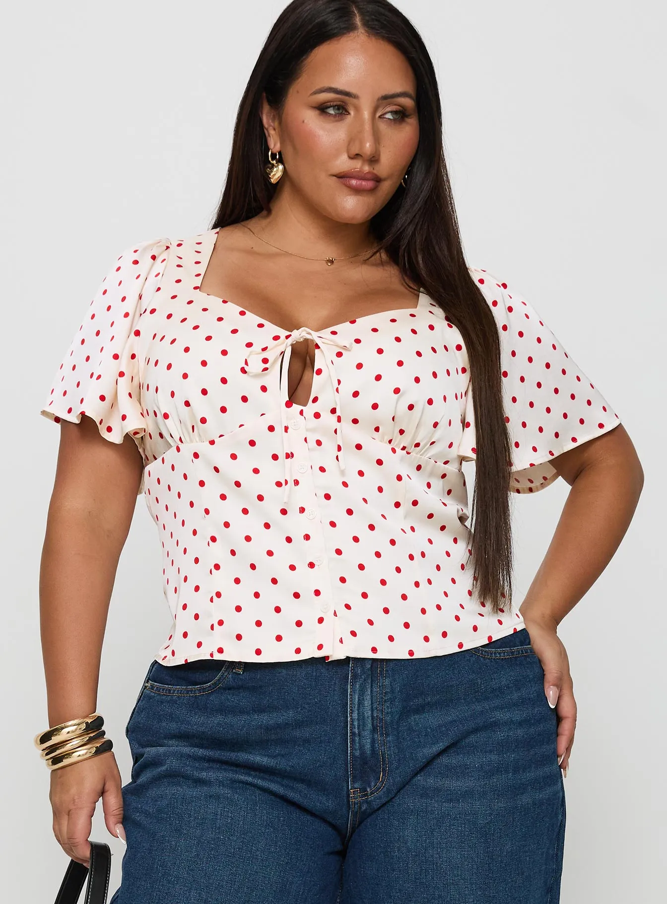 Adrienna Flutter Blouse White / Red Curve sold by Princess Polly product image thumbnail 2