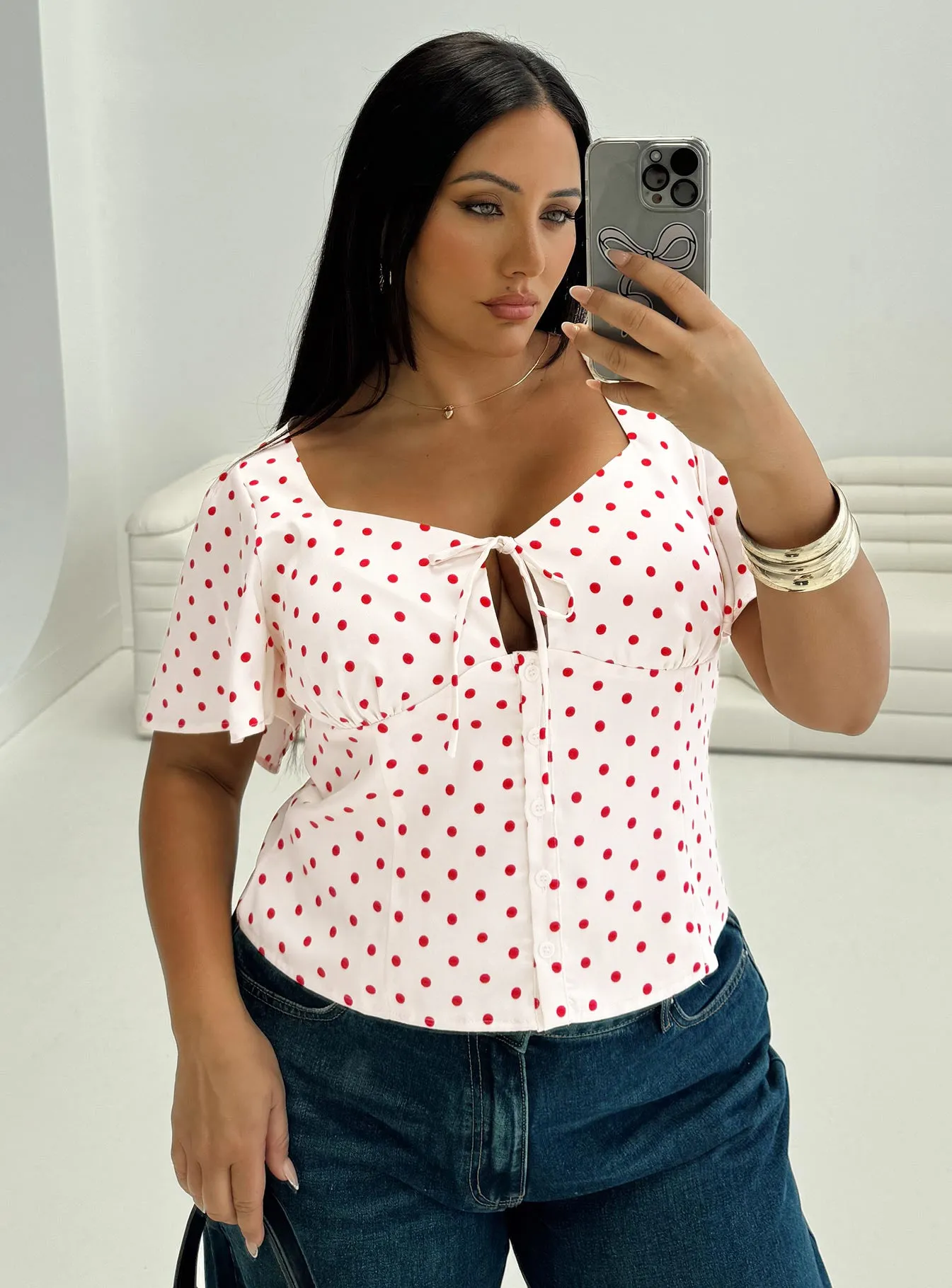 Adrienna Flutter Blouse White / Red Curve sold by Princess Polly