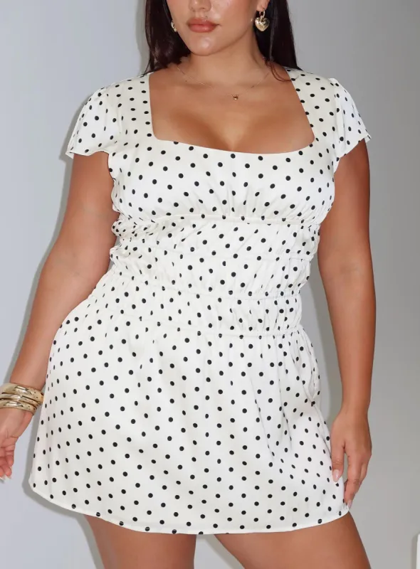 Evangelie Ruched Mini Dress White Polka Curve sold by Princess Polly