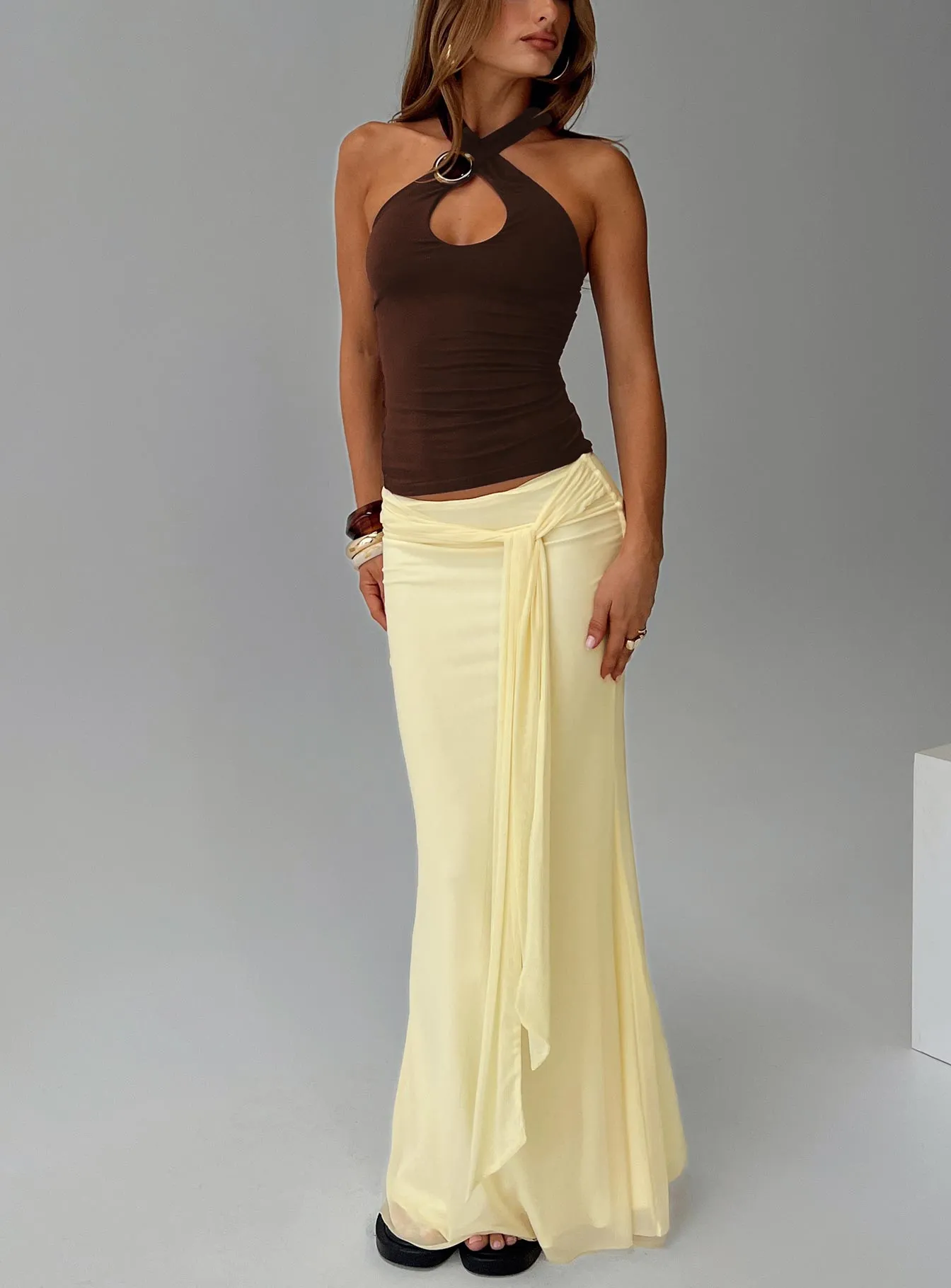 Caviar Tie Maxi Skirt Lemon sold by Princess Polly