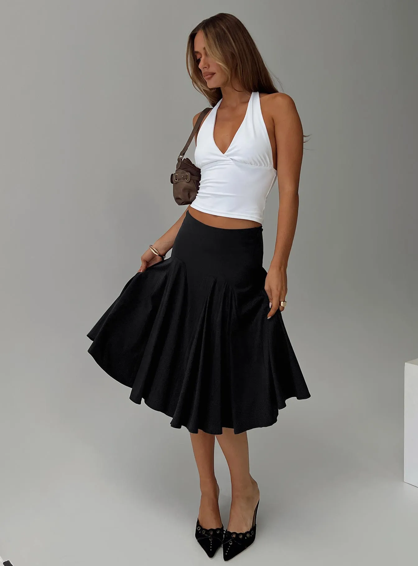 Agnette Low Rise Midi Skirt Black sold by Princess Polly