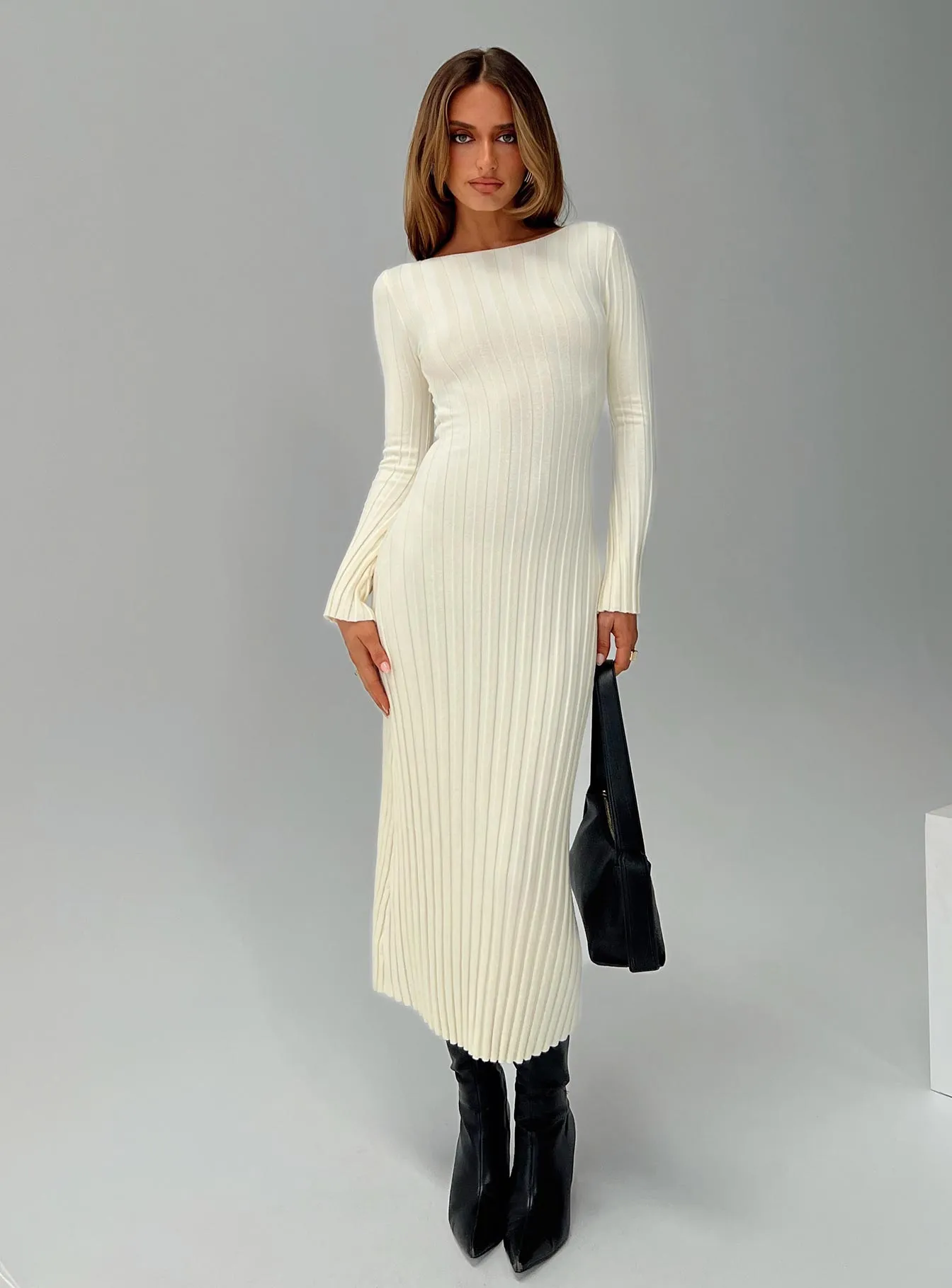 Ryo Long Sleeve Rib Maxi Dress Cream sold by Princess Polly