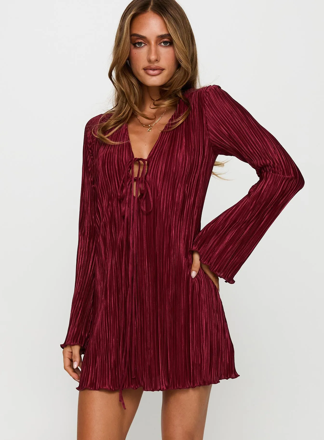 Malop Long Sleeve Mini Dress Burgundy sold by Princess Polly product image thumbnail 2