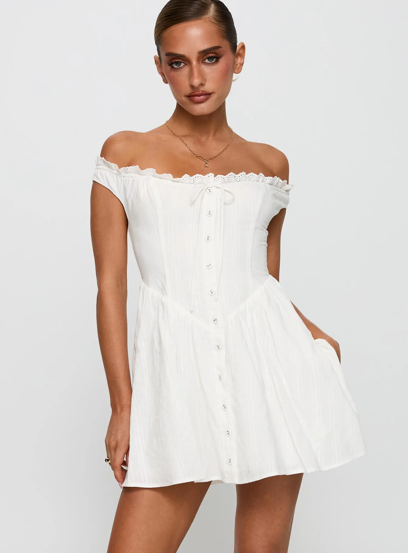 White Horse Off The Shoulder Mini Dress White sold by Princess Polly product image thumbnail 2