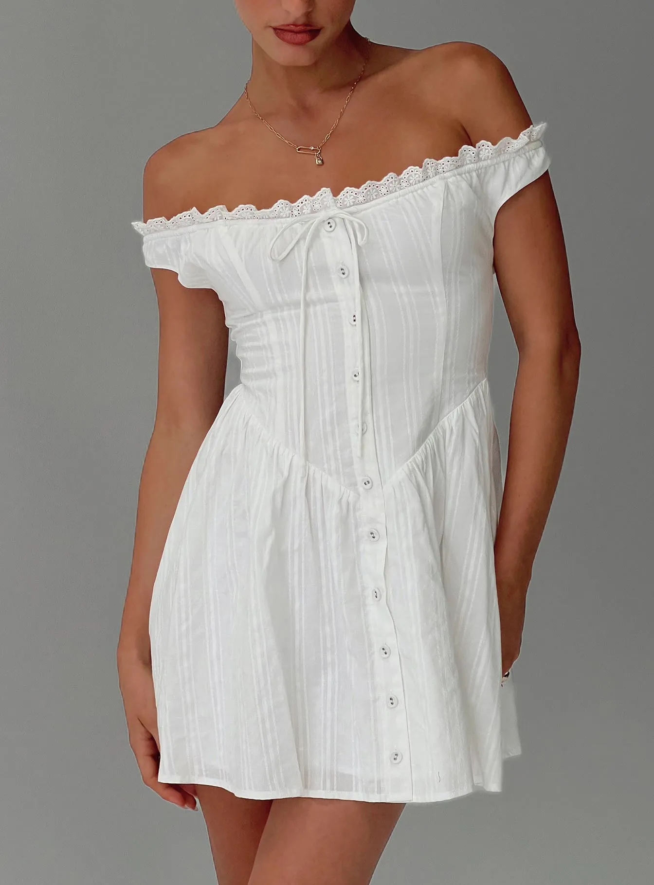 White Horse Off The Shoulder Mini Dress White sold by Princess Polly