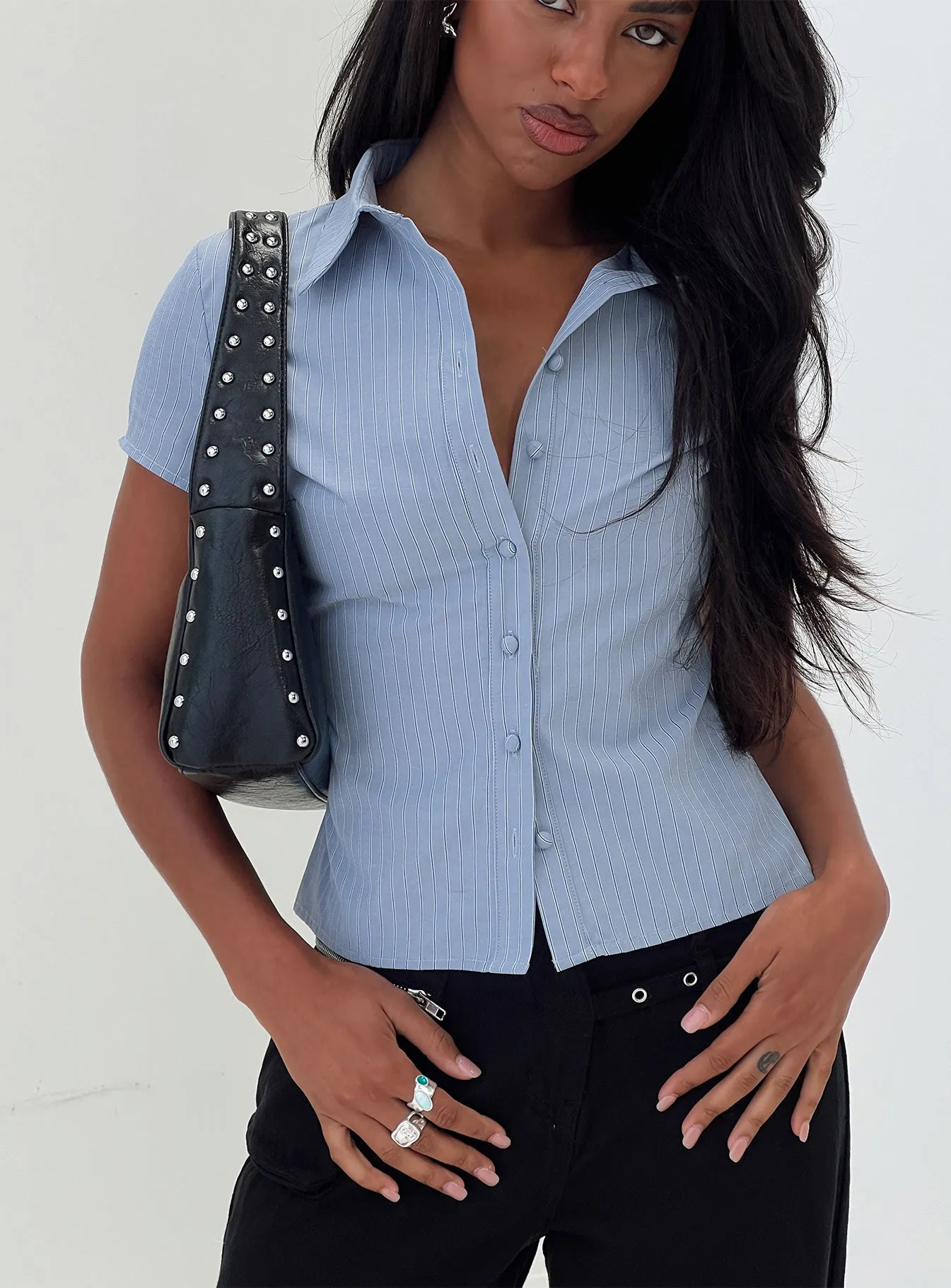 Lift Off Button Up Top Blue sold by Princess Polly