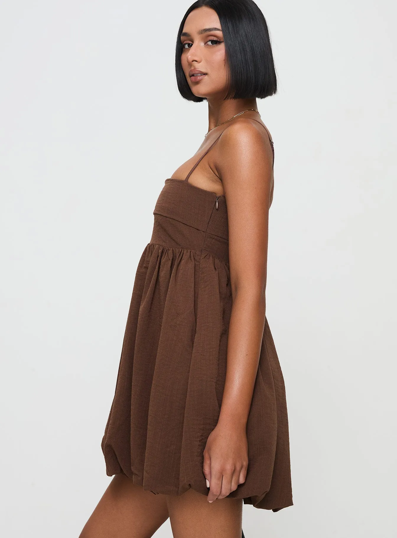 Layken Bubble Hem Mini Dress Chocolate Petite sold by Princess Polly product image thumbnail 4